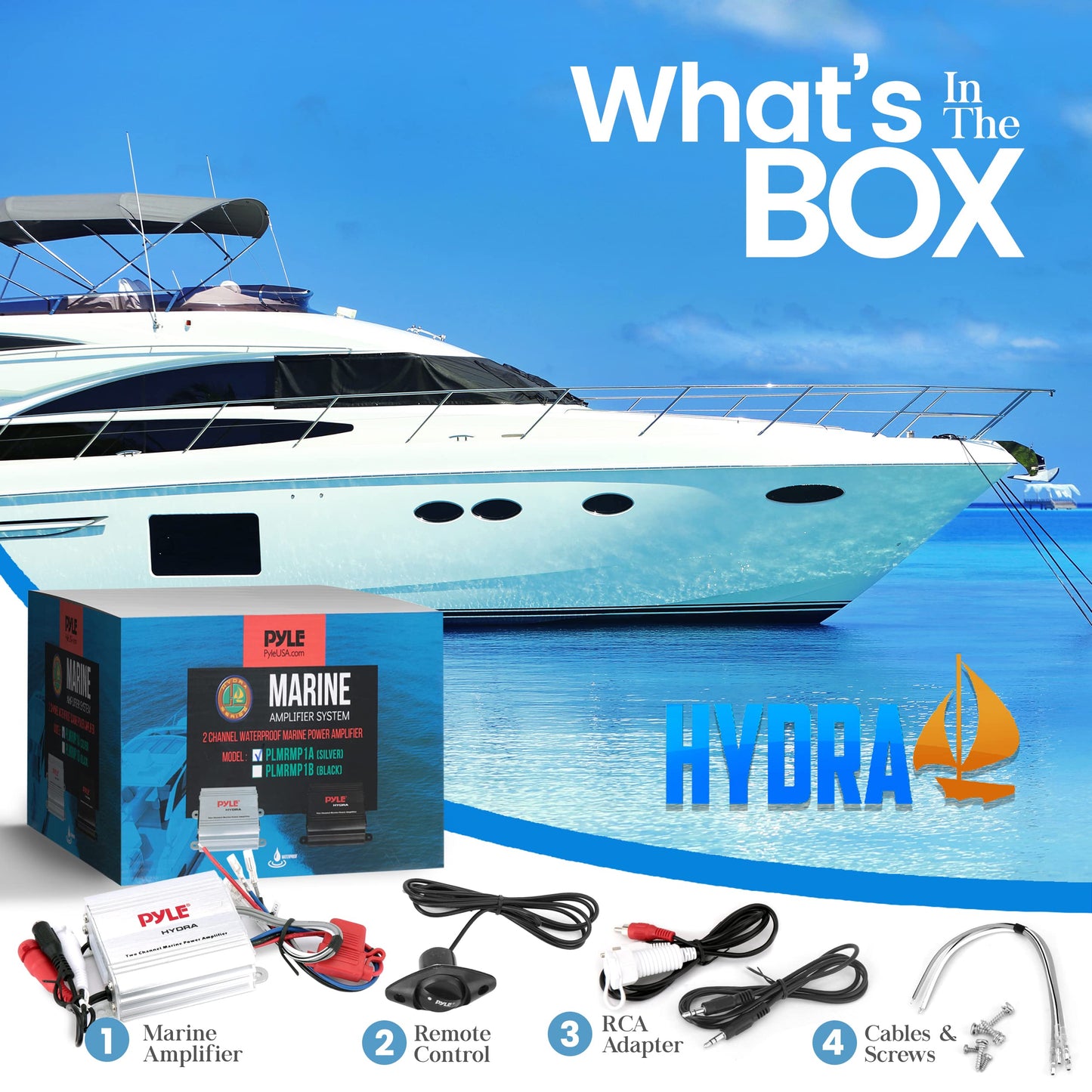 Pyle Hydra Marine Amplifier - Upgraded Elite Series 400 Watt 2 Channel Micro Amplifier - Waterproof, GAIN Level Controls, RCA Stereo Input, 3.5mm Jack & Volume Control (PLMRMP1A)