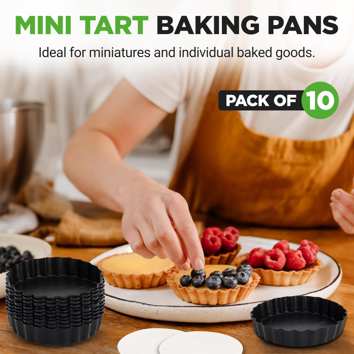NutriChef Mini Tart Pans 10 Nonstick Molds With Removable Bottoms | 4 Inch Heavy Duty Steel Quiche Pans | Oven & Dishwasher Safe | Fluted Sides for Sweet & Savory Foods | Includes 200 Parchment Papers