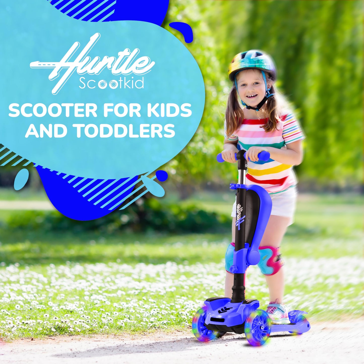 Hurtle 3-Wheeled Scooter for Kids - Wheel LED Lights, Adjustable Lean-to-Steer Handlebar, and Foldable Seat - Sit or Stand Ride with Brake for Boys and Girls Ages 1-14 Years Old - Blue