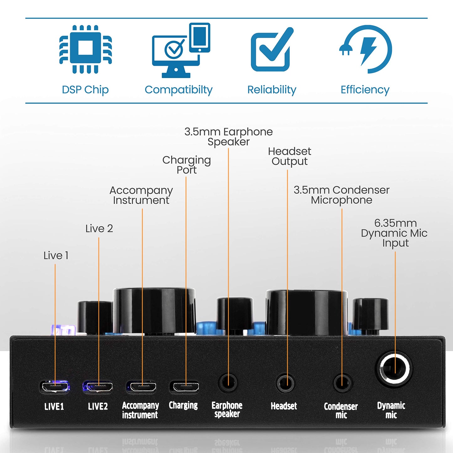 Pyle PKSCRD208 Bluetooth Mini Audio Interface Podcast Mixer Sound Card - Live Streaming for PC Computer iPhone Broadcasting | Voice Changer V8 with 12 Sound Effects,3 Inputs, Mic Input