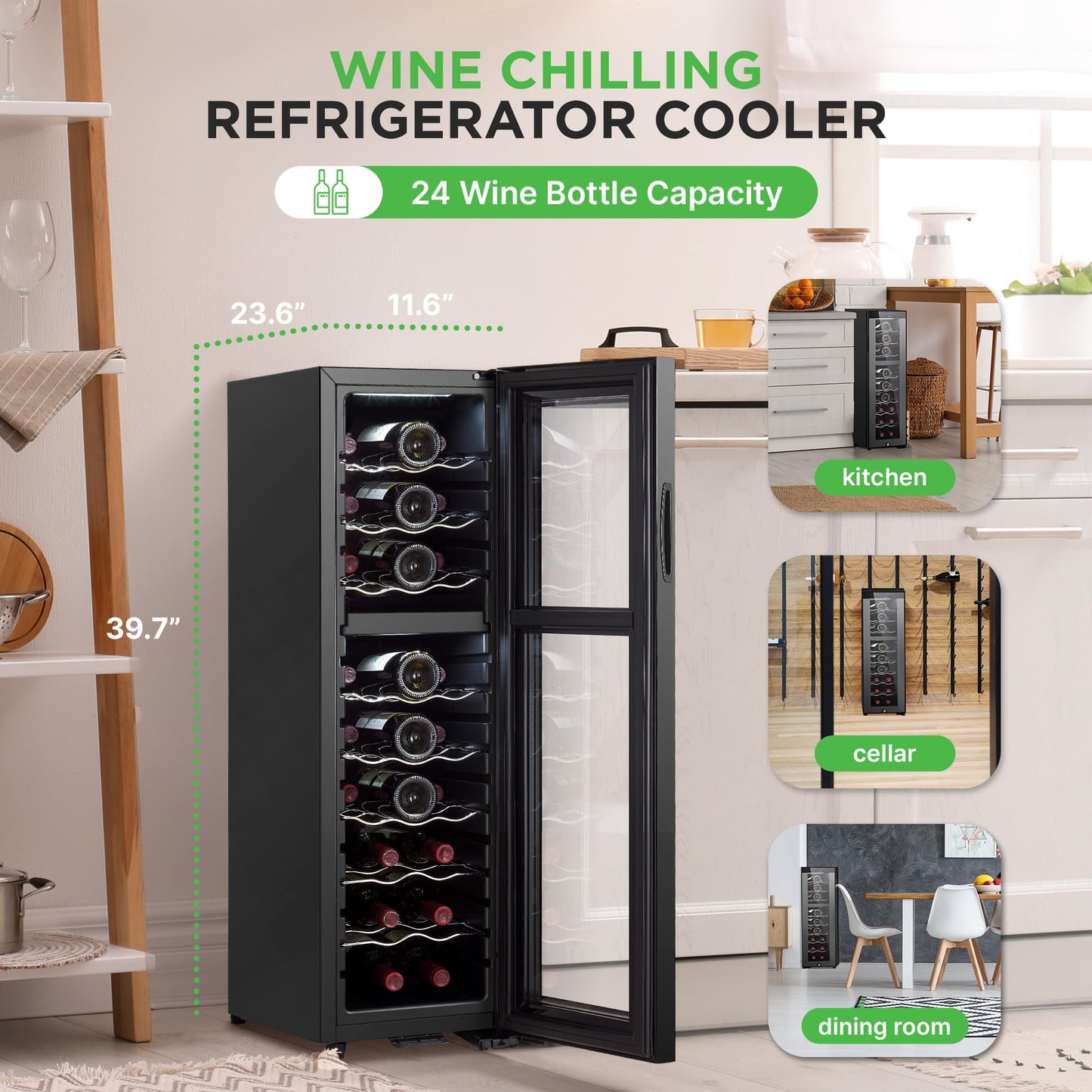NutriChef PKCWCDS245 24 Bottle Fridge | Dual Zone Chiller | Adjustable Temperature 41°F to 64°F | Ultra Quiet Operation | Wine Cooler for Home, & Office | Free Standing 39x11x23 in (Black)