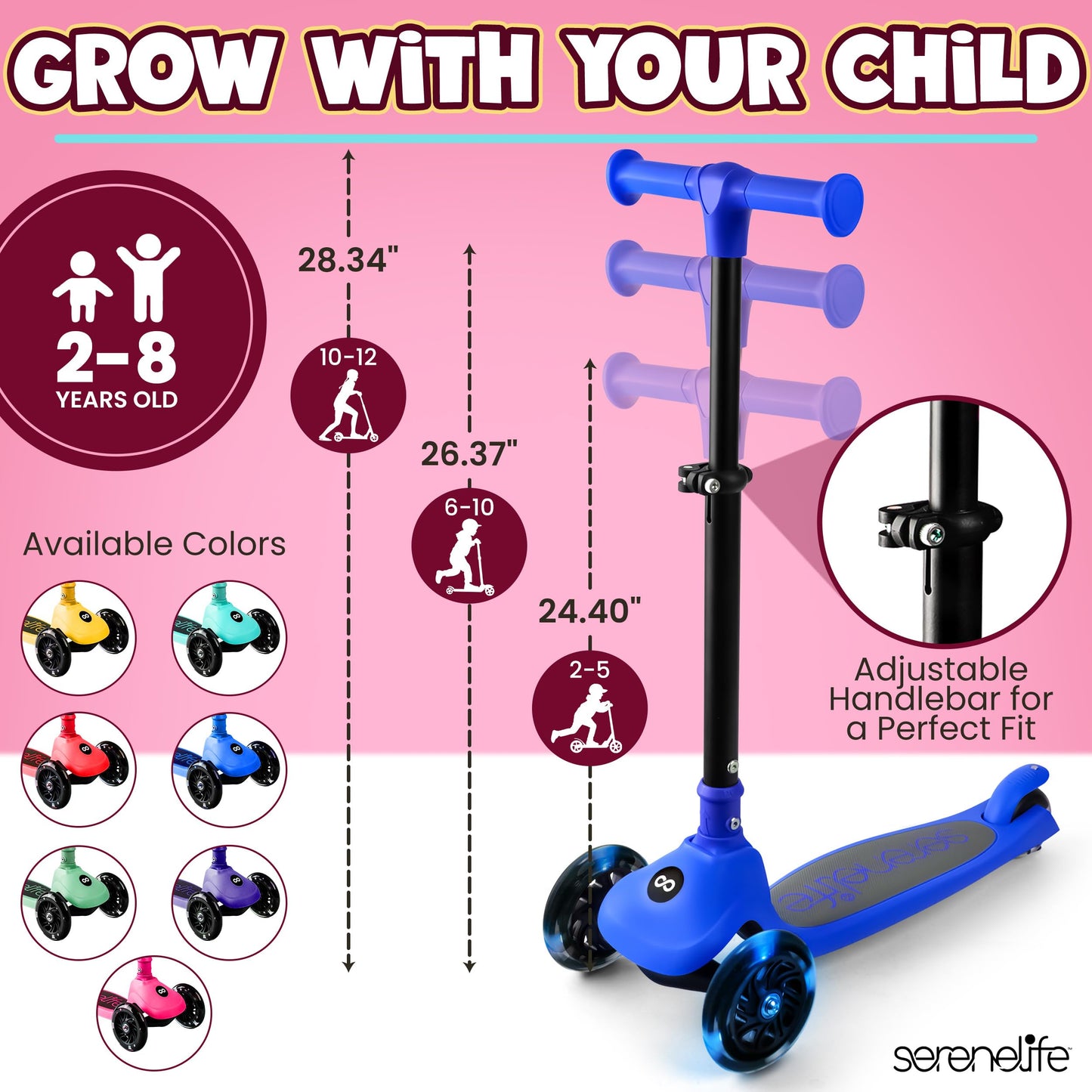 SereneLife 3-Wheel Foldable Kids Scooter – LED Wheel Lights, Adjustable Handlebar, Rear Foot Brake, Lean-to-Steer, Anti-Slip Deck – Ideal for Toddlers & Kids 3+, up to 110 lbs