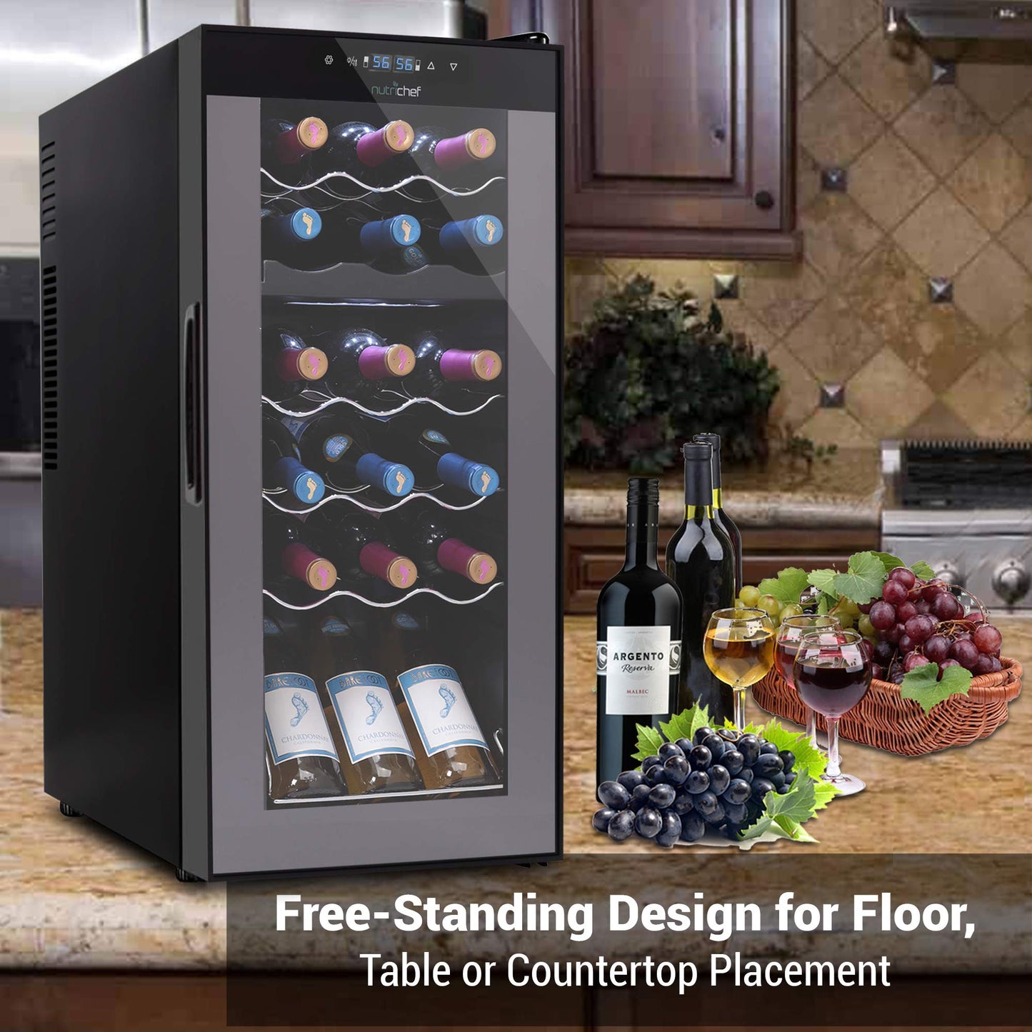 NutriChef PKCWCDS188 Freestanding Wine Fridge, 18 Bottle Dual Zone Beverage Cooler for Home & Office, 32x13x19 inches, Adjustable Temp 41-64F, Black