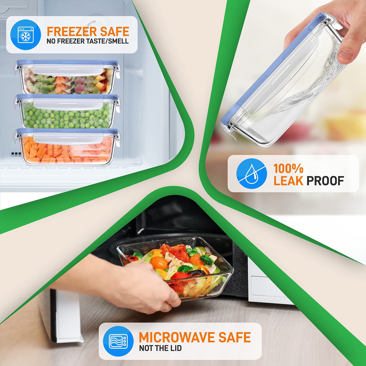 NutriChef 10-Piece Superior Glass Food Storage Containers Set (5 Containers + 5 Locking Lids),Stackable Meal-prep Design, BPA-free Airtight Clear Locking lids with Vent Lids & Air Hole, Blue
