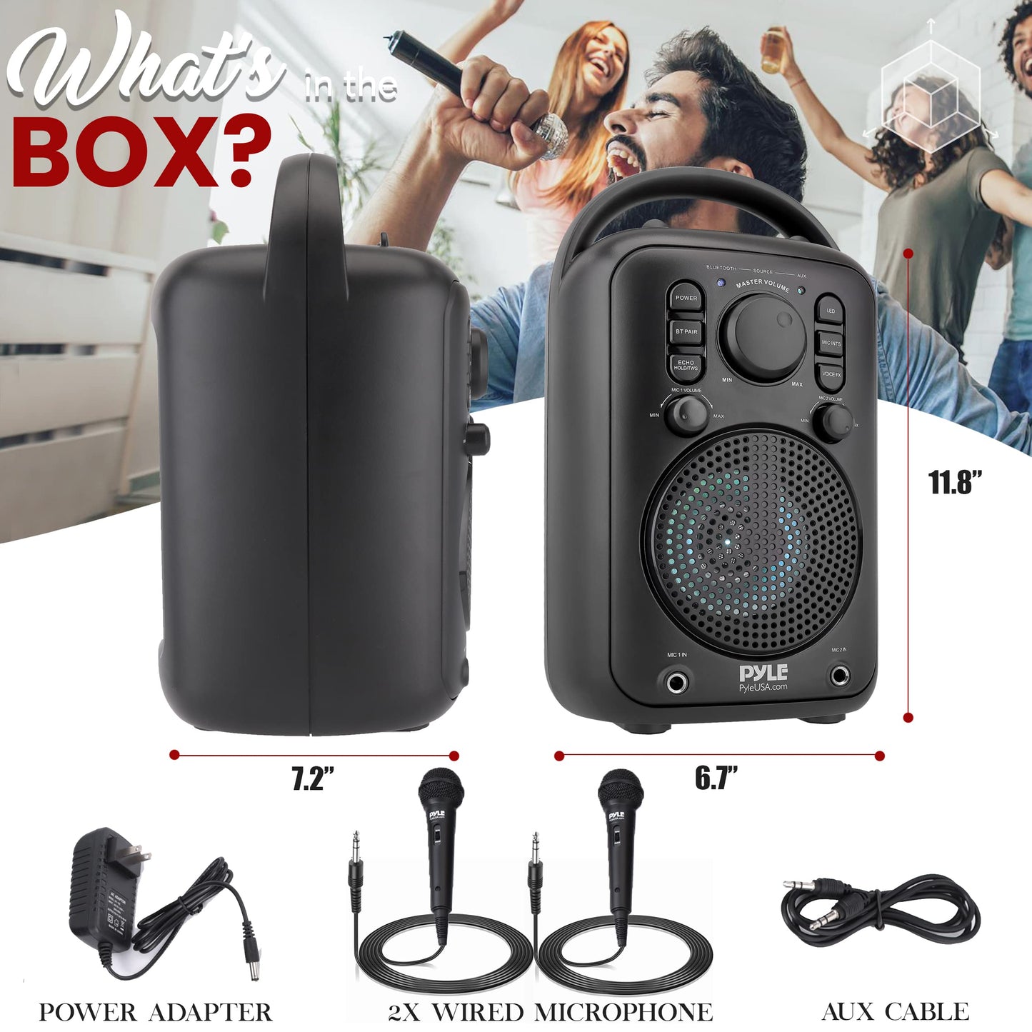 Pyle 4” Wireless BT Streaming Speaker - Portable Audio Speaker, with Two Microphones and Stand to Put Mobile Phone, 5.0 Bluetooth, Big Bass & Clear Sound, MP3, Classic Karaoke System