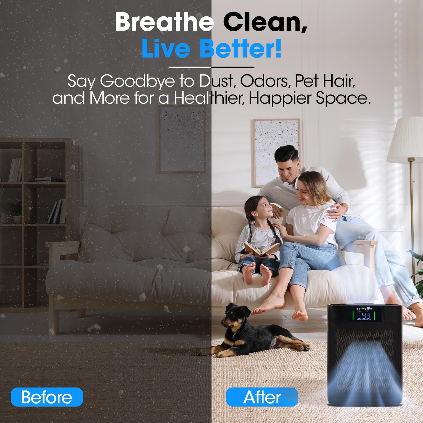 SereneLife HEPA Air Purifier for Home – Smart WiFi & App Control, Ultra-Quiet Air Purifier for Bedrooms & Large Rooms, Removes Dust, Pet Hair & Odors, Ideal for Pets & Allergies (1,076 Sq Ft, Black)