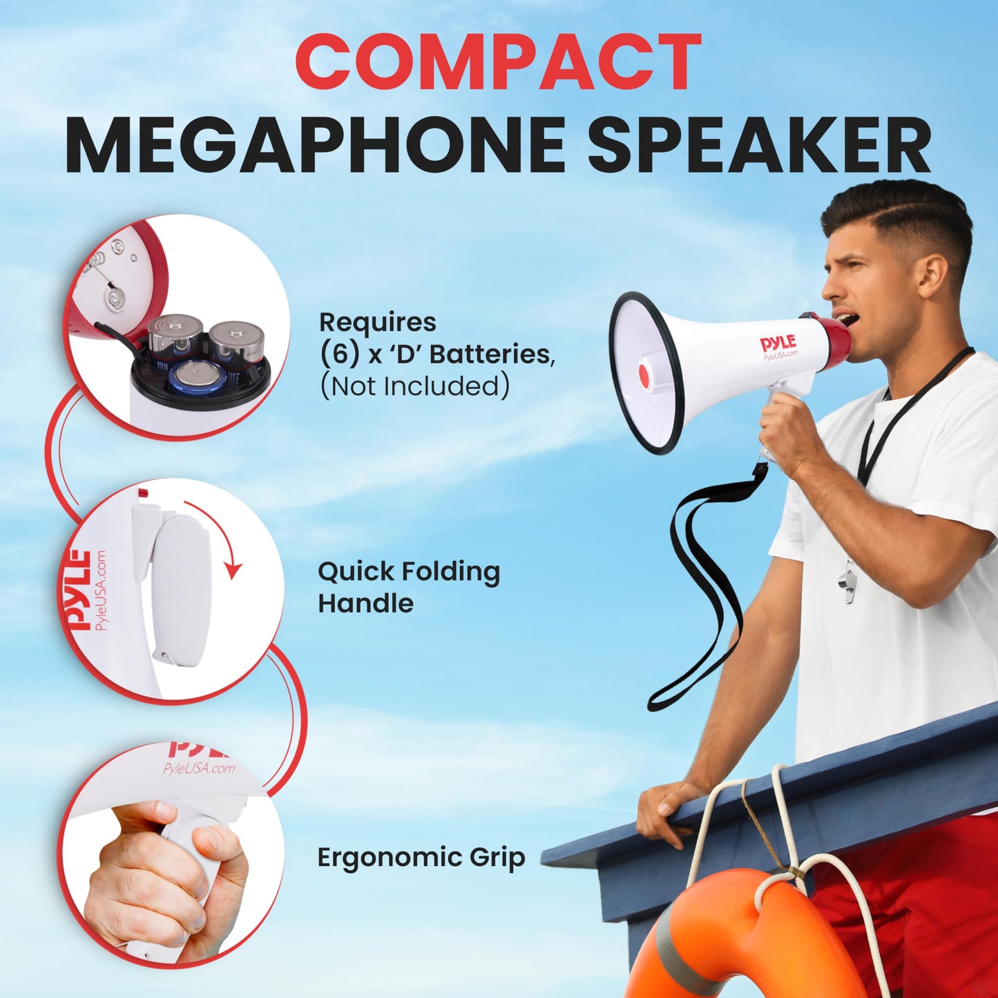 Pyle 40 Watt Professional Megaphone Clear Sound & Ergonomic Grip - Multi-Function with Talk, Siren, Volume Control - Detachable Handheld Mic - Indoor & Outdoor Sports, Emergency Response