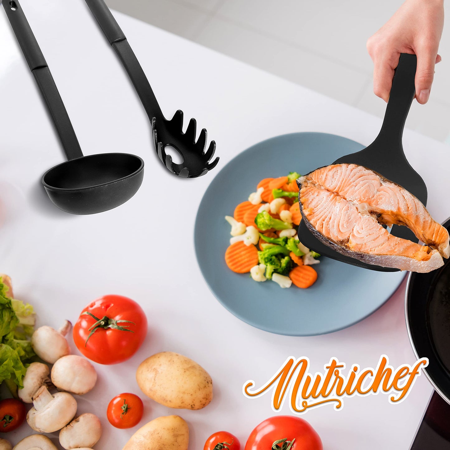 NutriChef Kitchen Cooking Utensils Set - Includes Soup Ladle, Pasta Fork, and Spatula (Works with Model: NCCWA13)