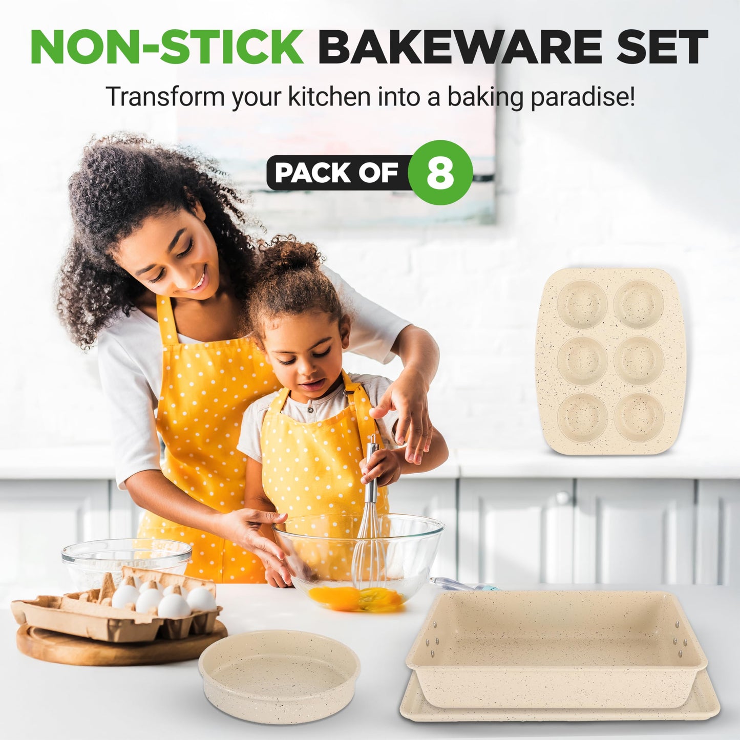 NutriChef 8-Piece Stackable Bakeware Set | Carbon Steel Non-Stick Baking Pan Set | Includes Sheet, Muffin, Round, Loaf, Square Cake & Deep Pans | No PFOA & PFOS | Oven Safe to 450 F (Marble Cream)