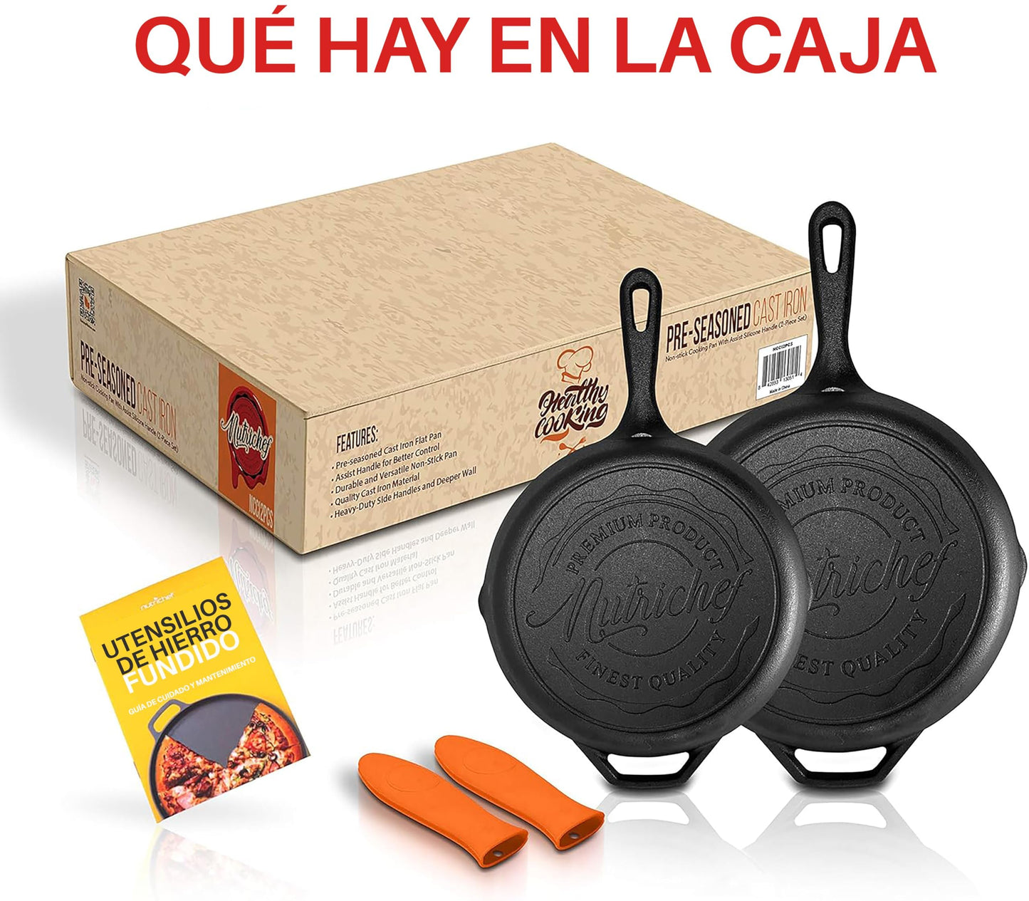 NutriChef 10" & 12" Pre-Seasoned Cast Iron Pans - Durable Nonstick Skillets, Cool-Touch Silicone Handle, For Oven, Grill & All Stovetops