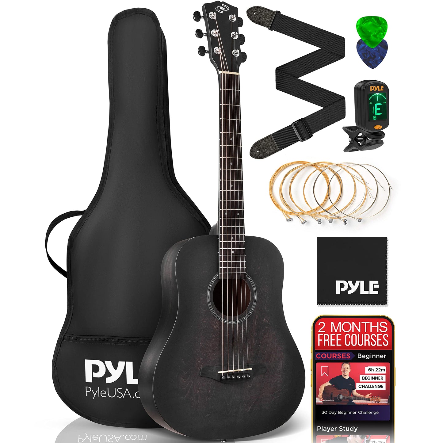 Pyle Acoustic Guitar Kit, 1/2 Junior Size All Wood Steel String Instrument for Beginner Kids, Adults, 34" Black Matte