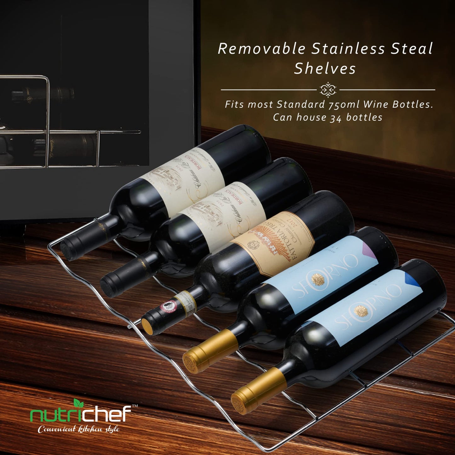 NutriChef PKCWC340 Wine Fridge, 34 Bottle Single Zone Beverage Chiller, 93.5L Capacity, 33x19x17 IN, Black
