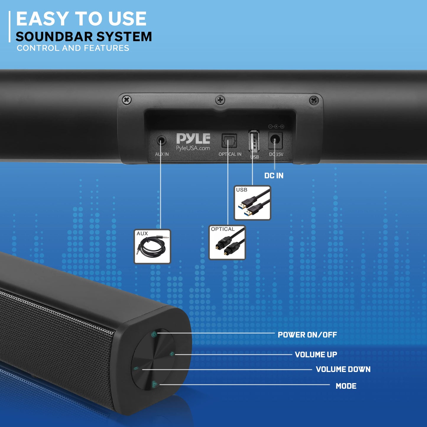 Pyle Wave Base Sound bar with Bluetooth for TV Tabletop Digital Audio Speaker System/Home Theater, Gaming, Projectors, with Remote Control, Inputs AUX, Optical in, USB - PSBV110B