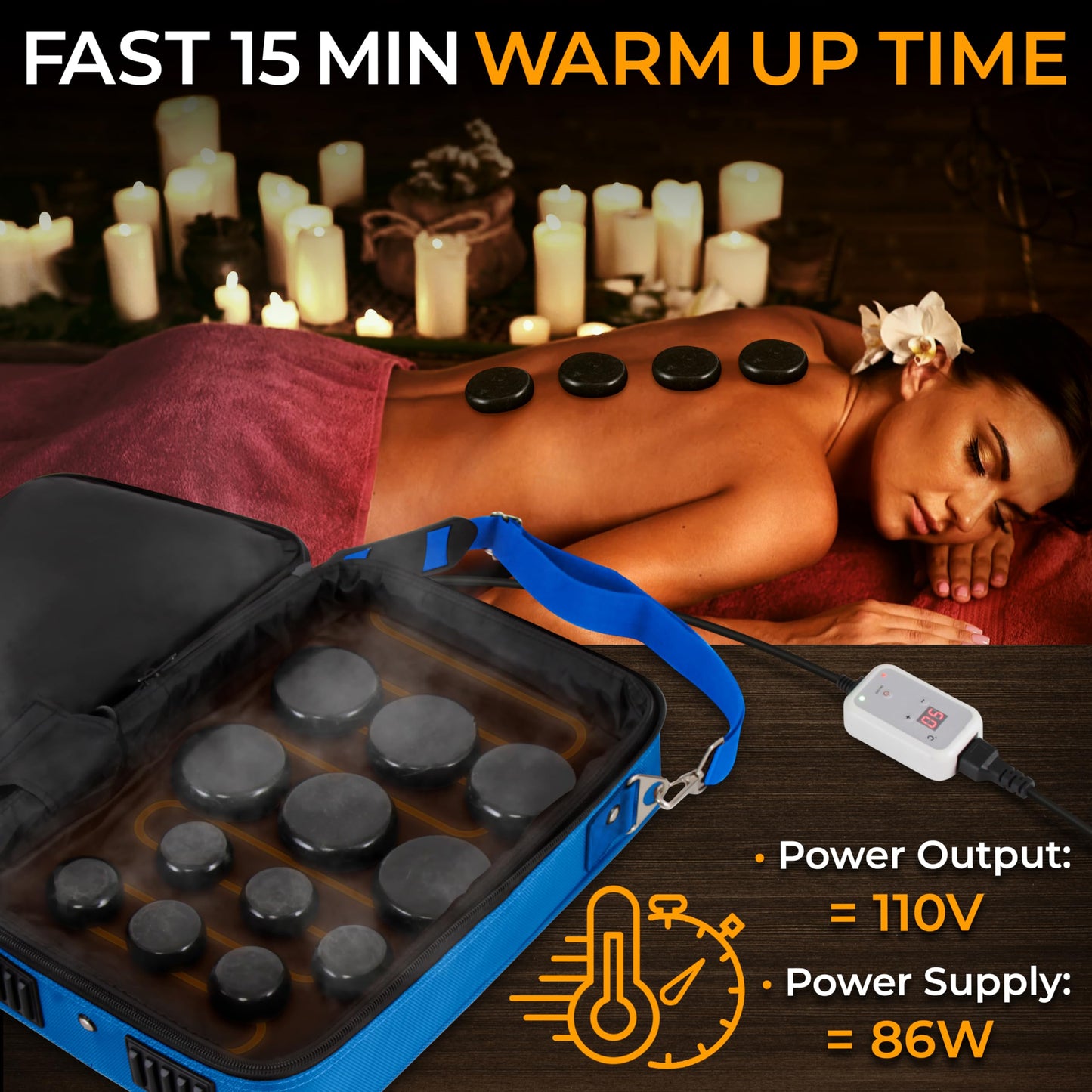 SereneLife Portable Massage Stone Warmer Set - Electric Spa Hot Stones Massager and Heater Kit with 6 Large and 6 Small Round Shaped Basalt Massaging Rocks, Digital Controller Heating Bag