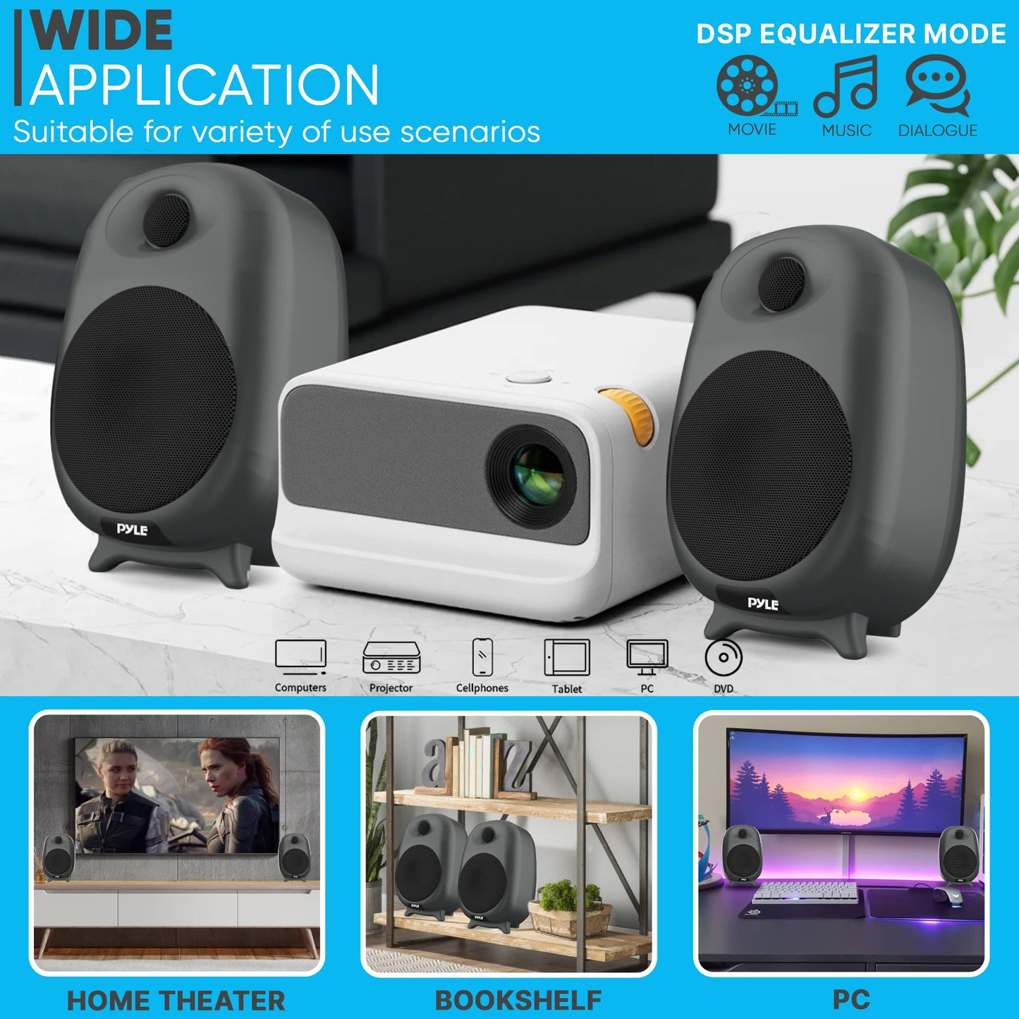 PyleUsa HiFi 60W Powered Bluetooth Bookshelf Monitor Speaker Set, Optical RCA Input, Bass/Treble Adjustable,Deep Bass, 3 Audio Mode,Studio Computer Desk Stereo System,Remote Control,Black - PBKSR40