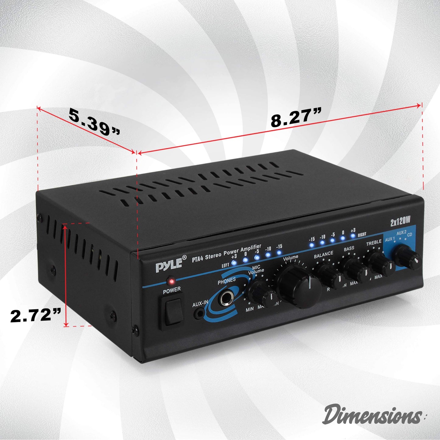 Pyle 2x120W Mini 2-Channe Home Audio Power Amplifier - Bluetooth 5.1 - Stereo Receiver with RCA/AUX/Mic Input - Headphone Jack - Pager/Mixing Modes - Bass/Treble EQ - For PA, Theater & Studio - PTA4