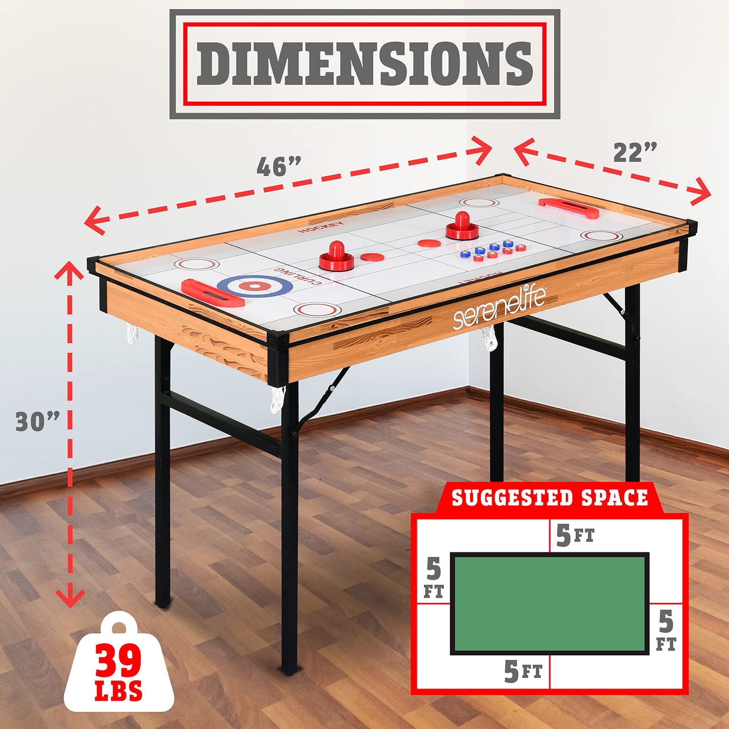 SereneLife 4 in 1 Multi Game Table, 4’x2’ Folding Portable Sports Arcade Games with Accessories, Ping Pong, Air Hockey, Pool Billiards, and Shuffleboard, for Indoor, Outdoor, All Ages