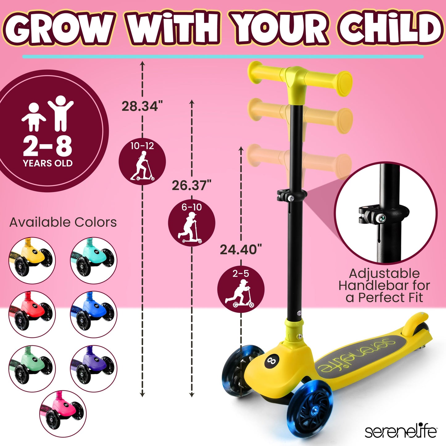 SereneLife 3-Wheel Foldable Kids Scooter – LED Wheel Lights, Adjustable Handlebar, Rear Foot Brake, Lean-to-Steer, Anti-Slip Deck – Ideal for Toddlers & Kids 3+, up to 110 lbs