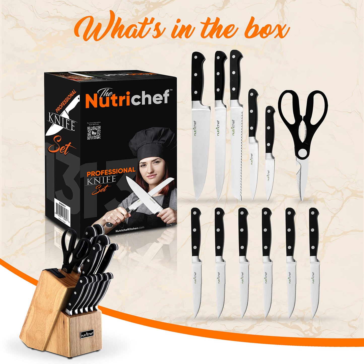 NutriChef 13-Piece Kitchen Knife Set with Wooden Block - Precision Crafted Stainless Steel Knives with Scissors & Built-In Sharpener - Lightweight, Durable, & Razor Sharp - Dishwasher Safe (NCKNS13)