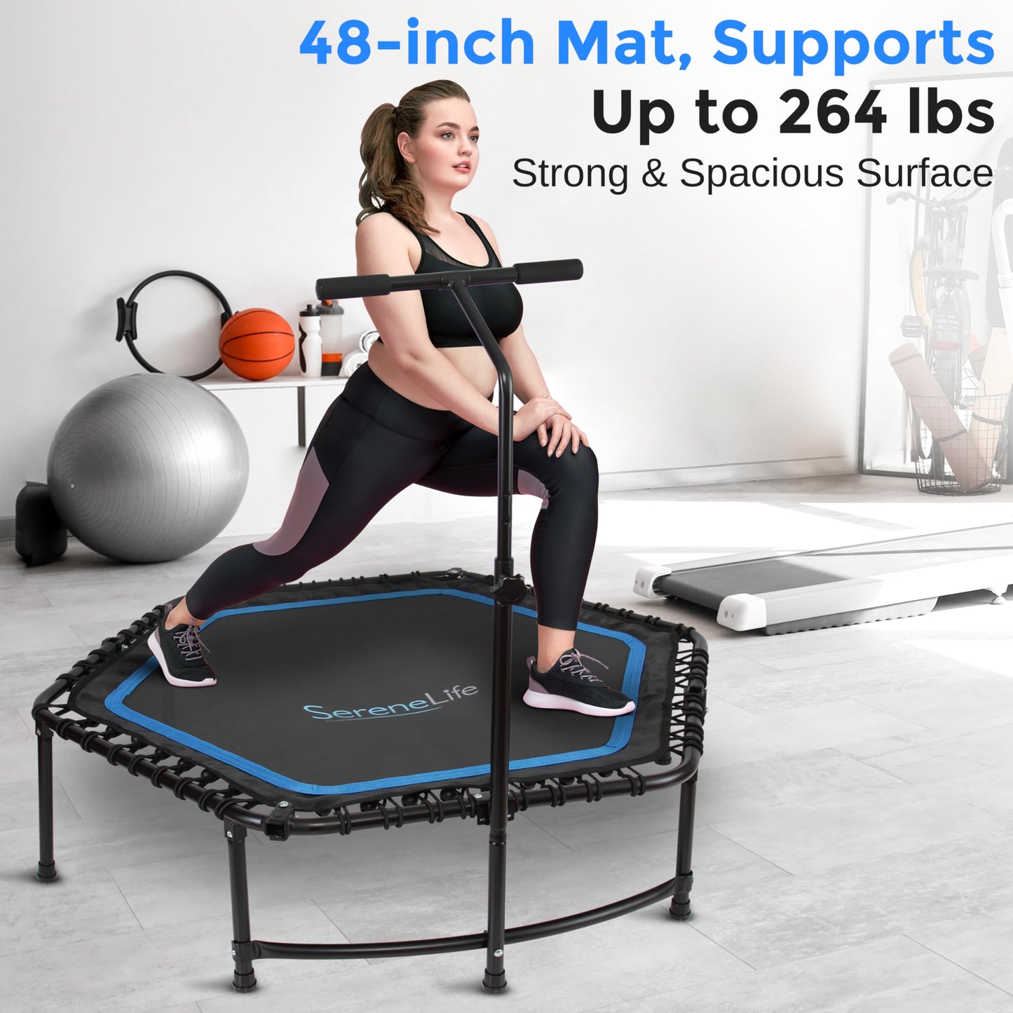 SereneLife 48" Foldable Mini Trampoline - Compact Fitness Trampoline for Kids Adults, Exercise Bungee Rebounder with Adjustable Foam Handle, Indoor/Garden Workout Equipment, Max Load 264 lbs