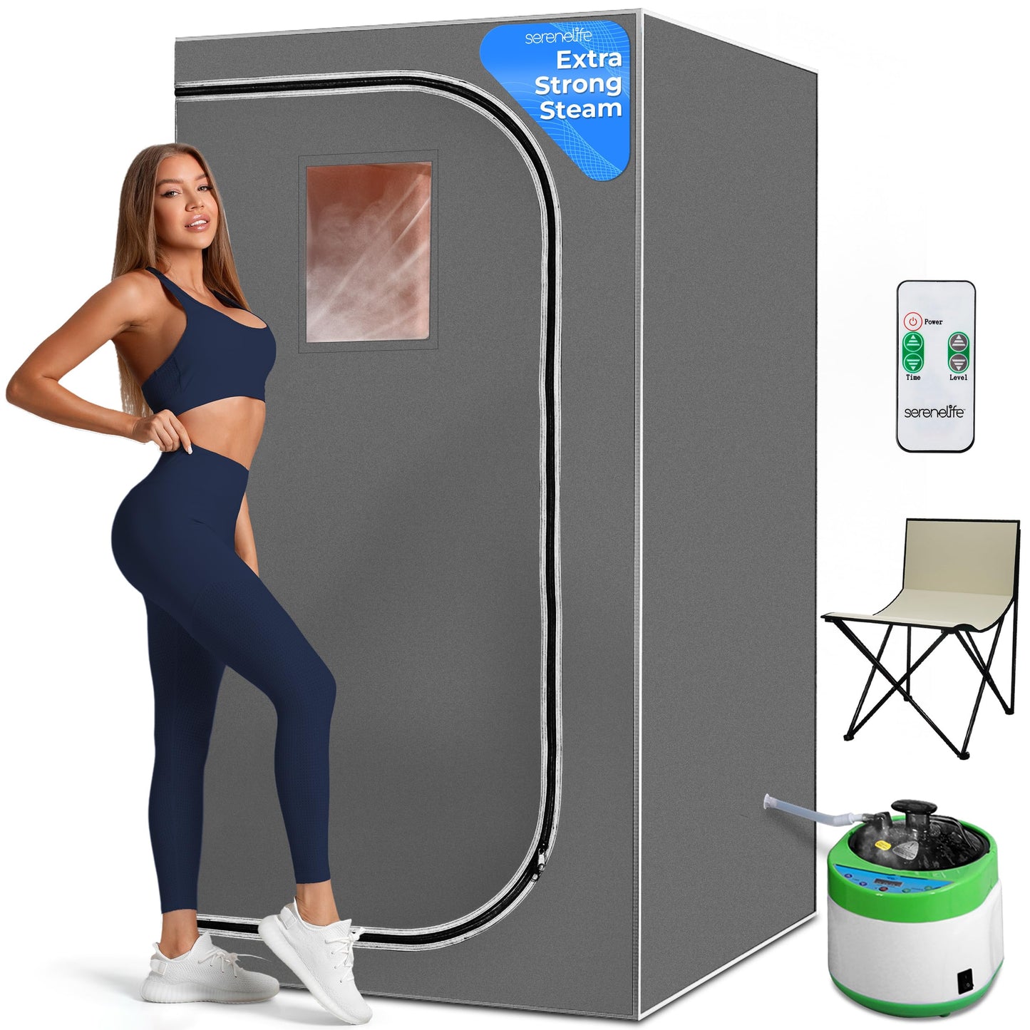 SereneLife Portable Full Size Home Spa| One Person Sauna | with Heating Foot Pad and Portable Chair (Steam Gray)