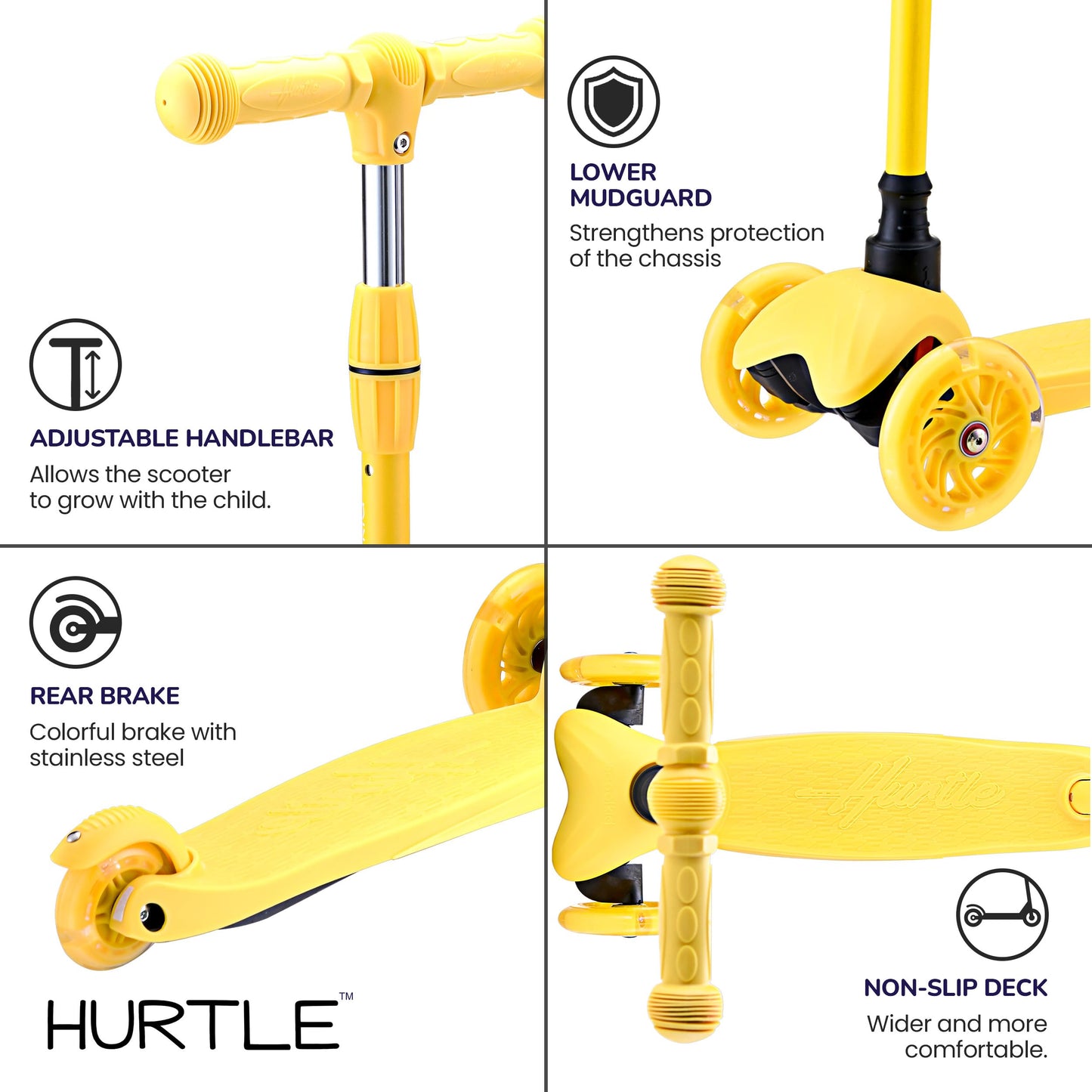 Hurtle Mini Kickboard Scooter for Kids - Height Adjustable 25''-28'', Lightweight 3-Wheel with LED Light-up Wheels, Anti-Slip,Indoor/Outdoor Fun, Micro Scooters for Ages 2-5 (Yellow)