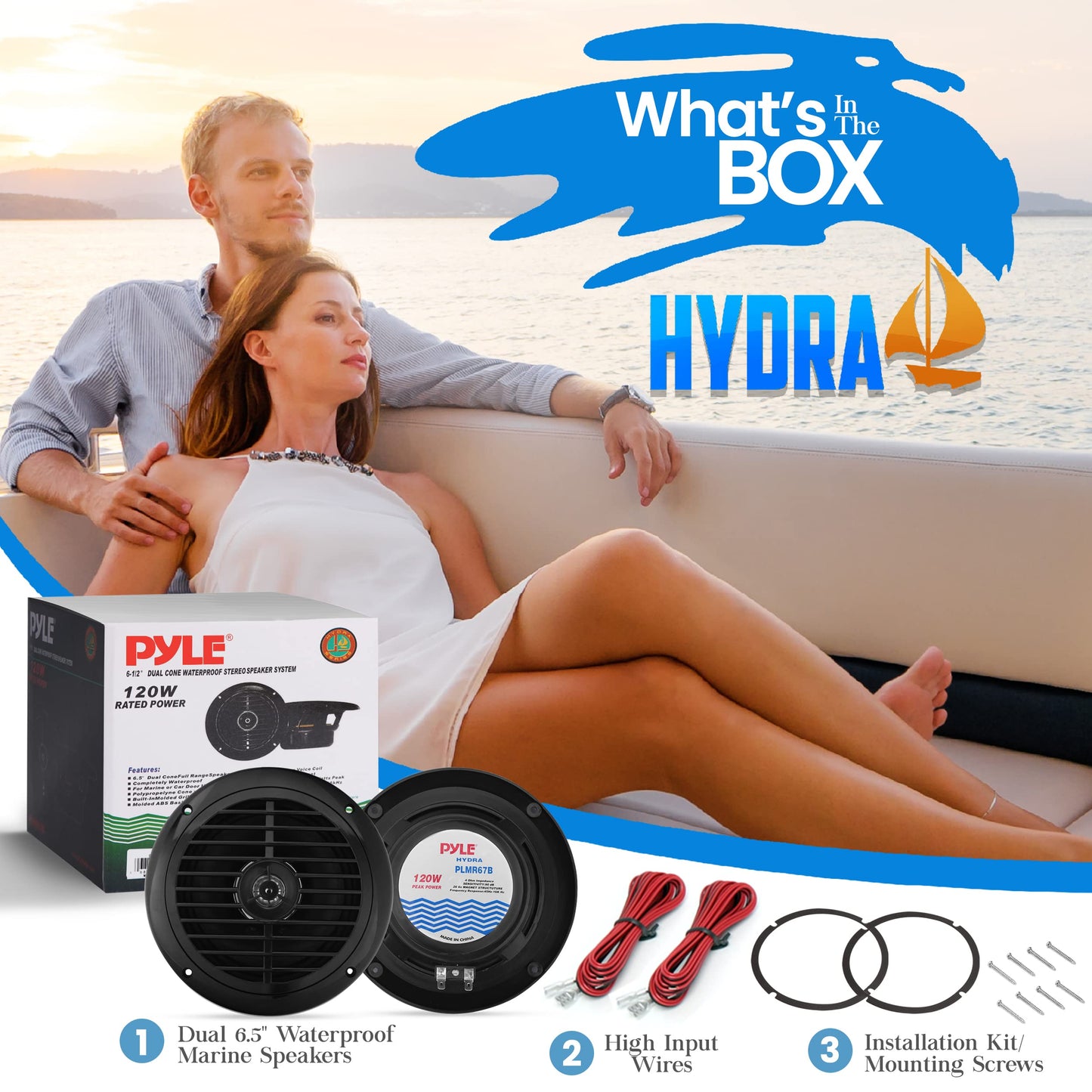 Pyle 6.5 Inch Dual Marine Speakers - 2 Way Waterproof and Weather Resistant Outdoor Audio Stereo Sound System with 120 Watt Power, Polypropylene Cone and Cloth Surround - 1 Pair - PLMR67B (Black)