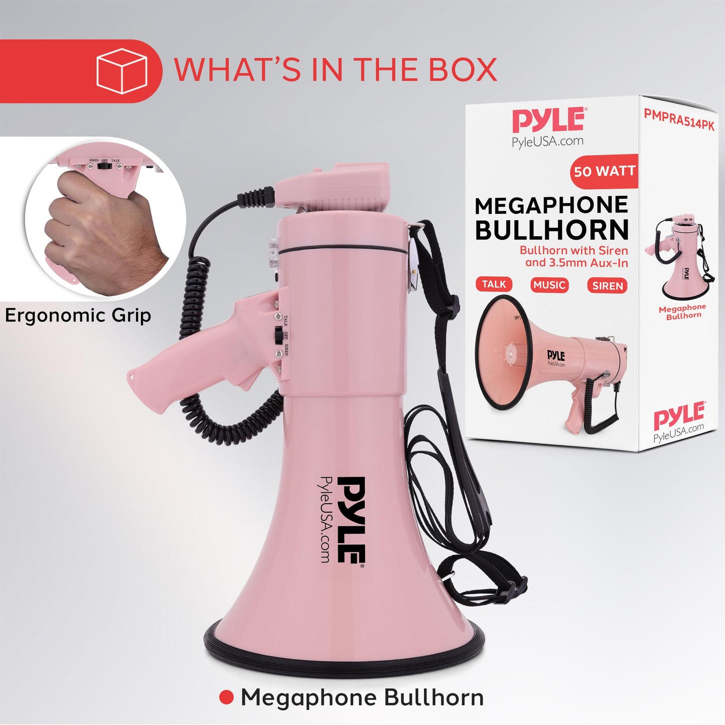 Pyle 50W Megaphone Bullhorn - Portable, Automatic Siren & Adjustable Volume,Projection Range Up to 1200 Square Yards, Aux Input, Talk, Siren, Music, Whistle, & Record, Shoulder Strap (Pink)