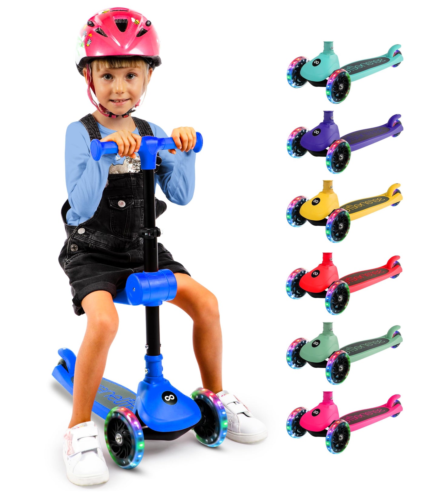 SereneLife 3 Wheel Foldable Kids Scooter - Foldable Seat, LED Wheel Lights, Adjustable Handlebar, Rear Foot Brake, Lean-to-Steer, Anti-Slip Deck, Ideal for Toddlers Kids 3+, up to 110Lbs, Blue