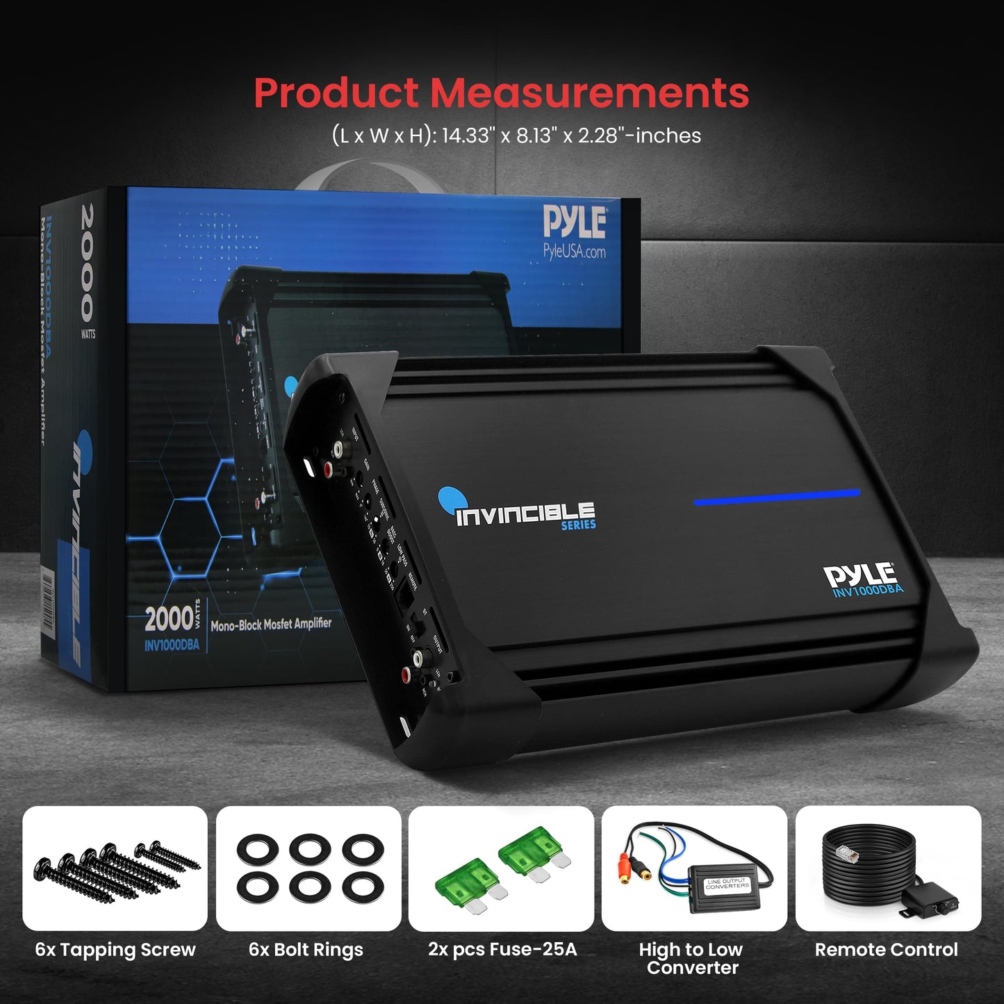 Pyle 14” Class D Mosfet Amplifier - Invincible Series Monoblock Amp, 1 Channel 2000 Watts Max, Mosfet PWM Power Supply, High-Current Dual Discrete Drive Stages, Advanced Protection Circuitry