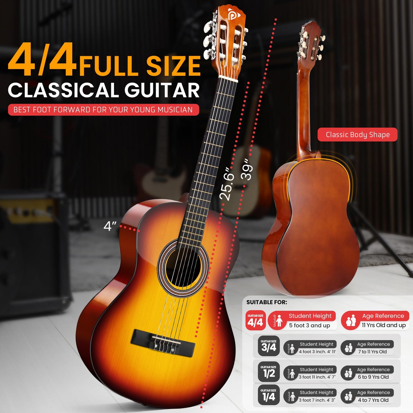 Pyle Beginner Acoustic Guitar Kit, 4/4 Full Size All Wood Instrument for Beginners, Adults, 39" Brown Gloss
