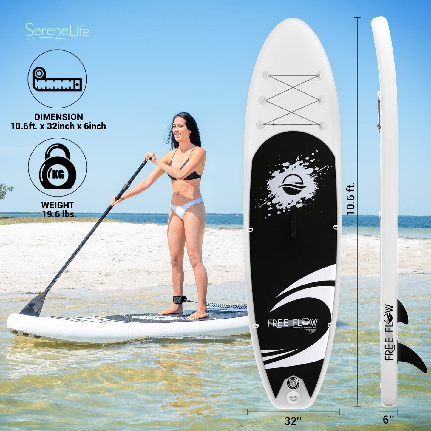 SereneLife Inflatable Stand Up Paddle Board (6 Inches Thick) with Premium SUP Accessories & Carry Bag | Wide Stance, Bottom Fin for Paddling, Surf Control, Non-Slip Deck | Youth & Adult Standing Boat
