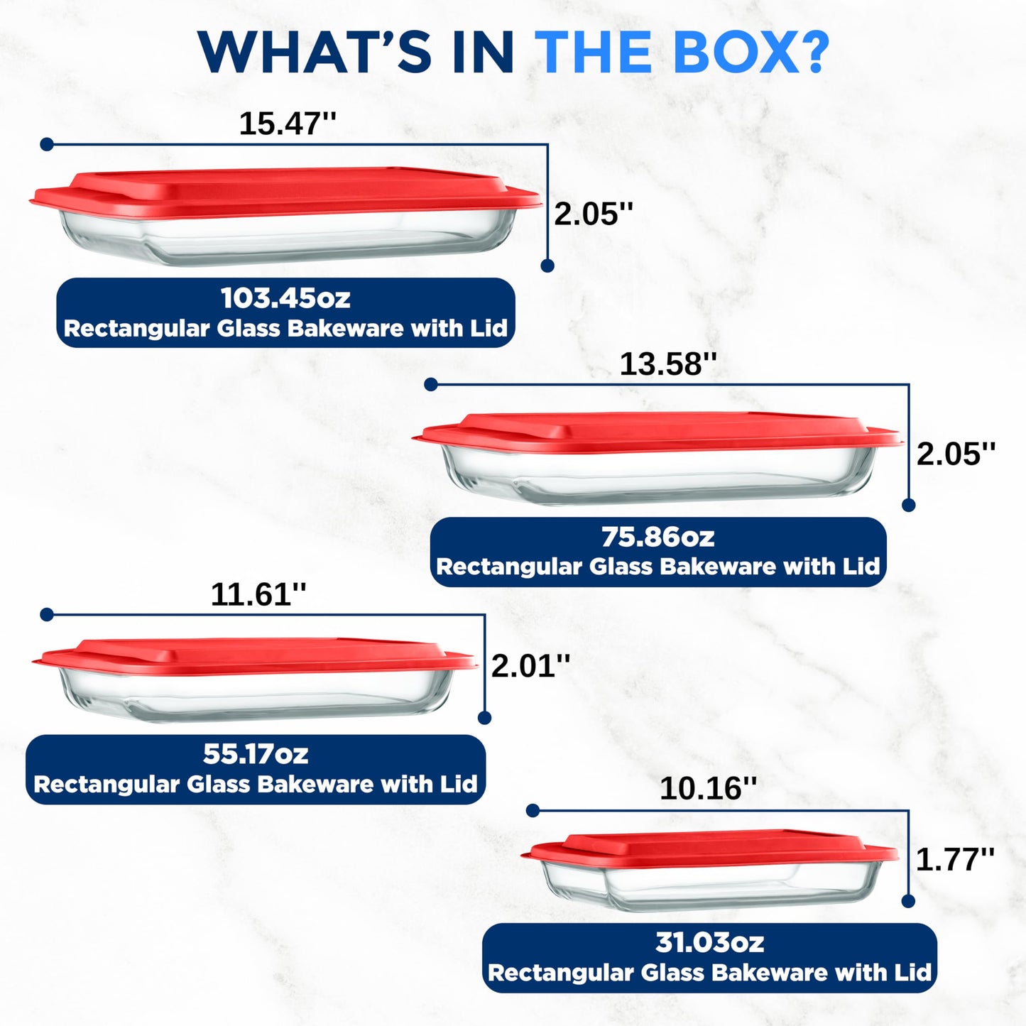 SereneLife 8-Piece Glass Baking Dish with Lids Set - ( 4 Heavy Duty Rectangular Glass Baking Pan with 4 BPA-Free Lids ), Oven-Safe Bakeware for Lasagna, Meats, Desserts - Dishwasher Safe, Red