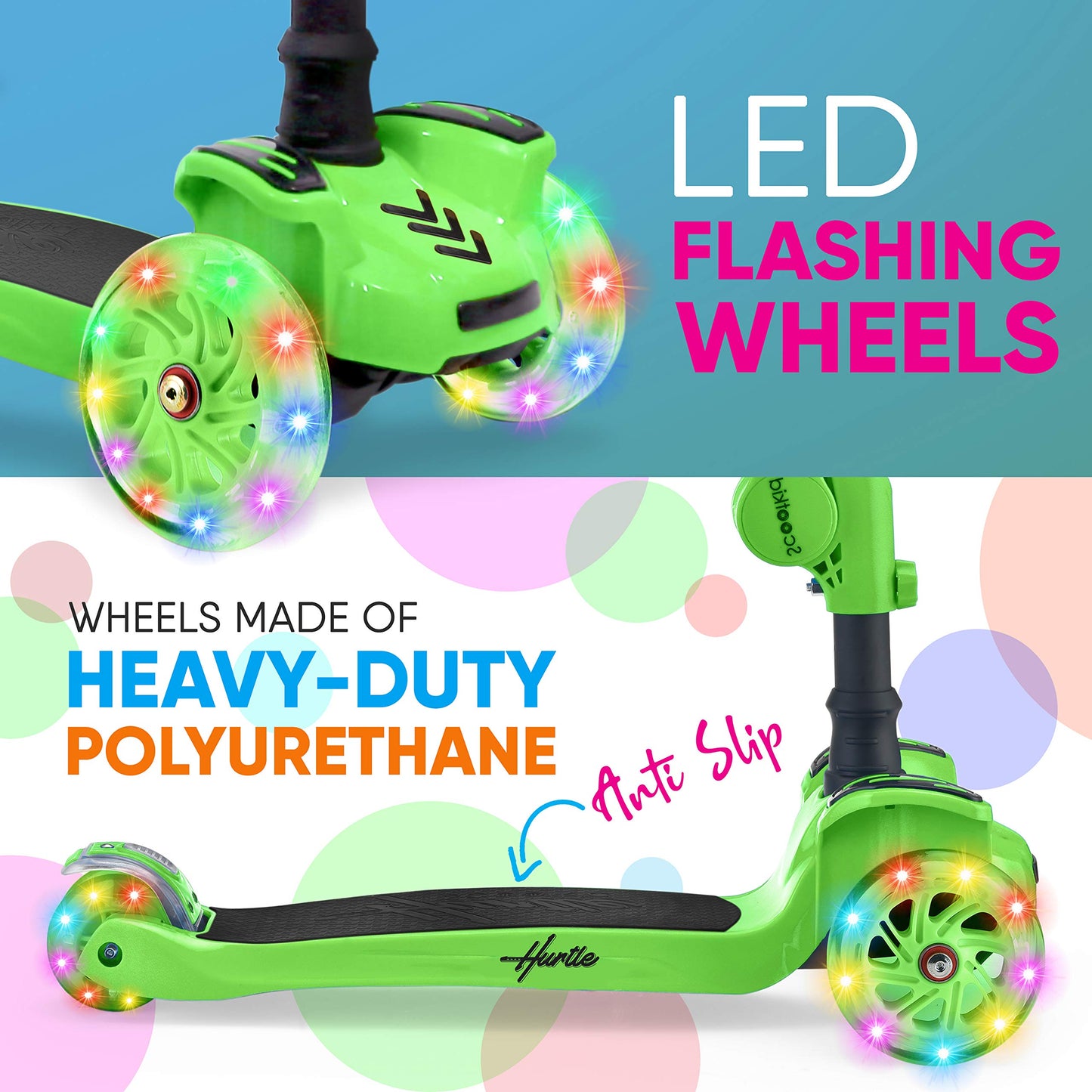Hurtle Kids Scooter - Child Toddler Kick Scooter Toy with Foldable Seat - 3 Wheel Scooter with Adjustable Height, Anti-Slip Deck, Flashing Wheel Lights, for Boys/Girls 1-12 Year Old, Green