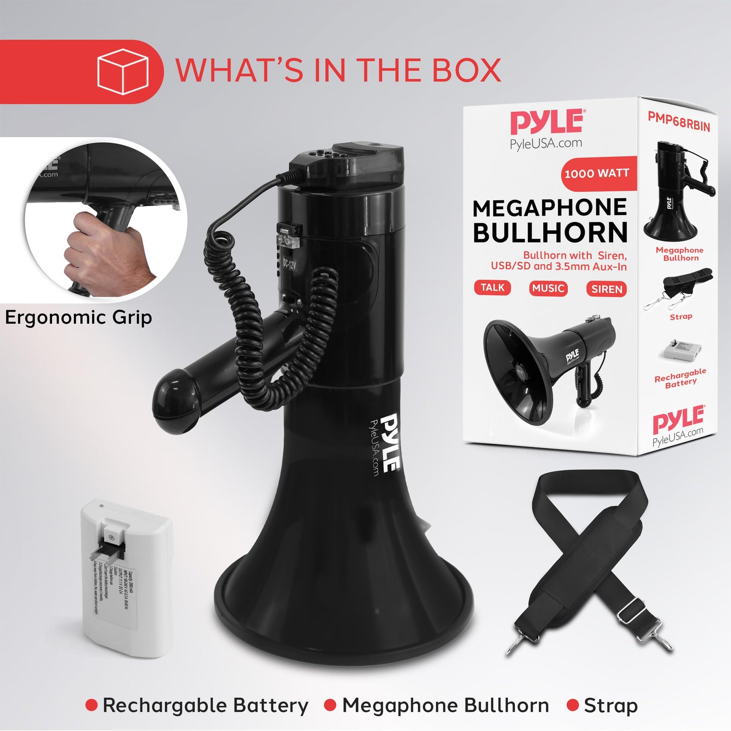 Pyle 100-Watt Square Megaphone Bullhorn, Lightweight and Portable Loudspeaker Horn with Aux (3.5mm) Input for MP3/Music, Automatic Siren, Whistle, MIC/Talk (Black), 1500 Square Yards Projection Range