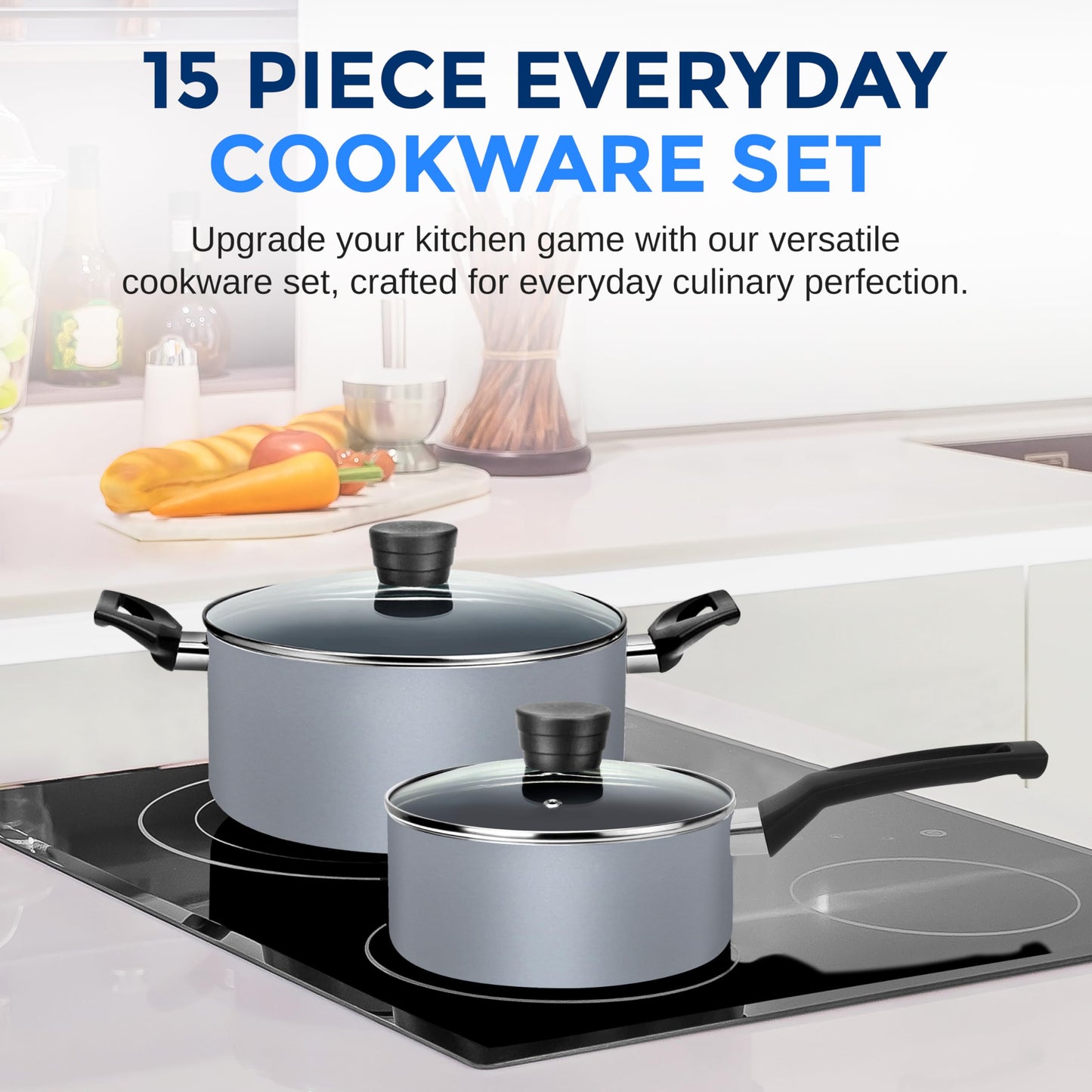 SereneLife Kitchenware Pots & Pans Basic Kitchen Cookware, Black Non-Stick Coating Inside, Heat Resistant Lacquer (15-Piece Set), One Size, Gray