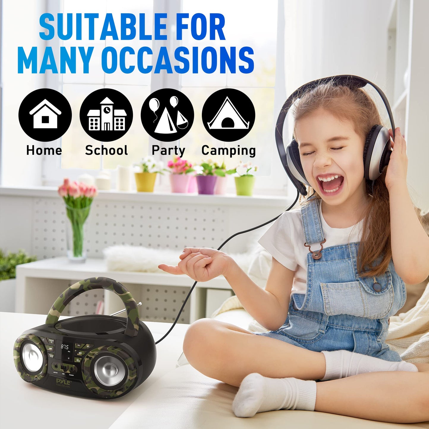 PYLE CD PLAYER PORTABLE, CD PLAYERS FOR HOME, PORTABLE CD PLAYER - 50 Watts Max Power, Bluetooth 5.0, AM/FM Stereo Radio, USB/AUX Input, Battery/AC Powered, Camouflage Design, Includes AC/DC Cord