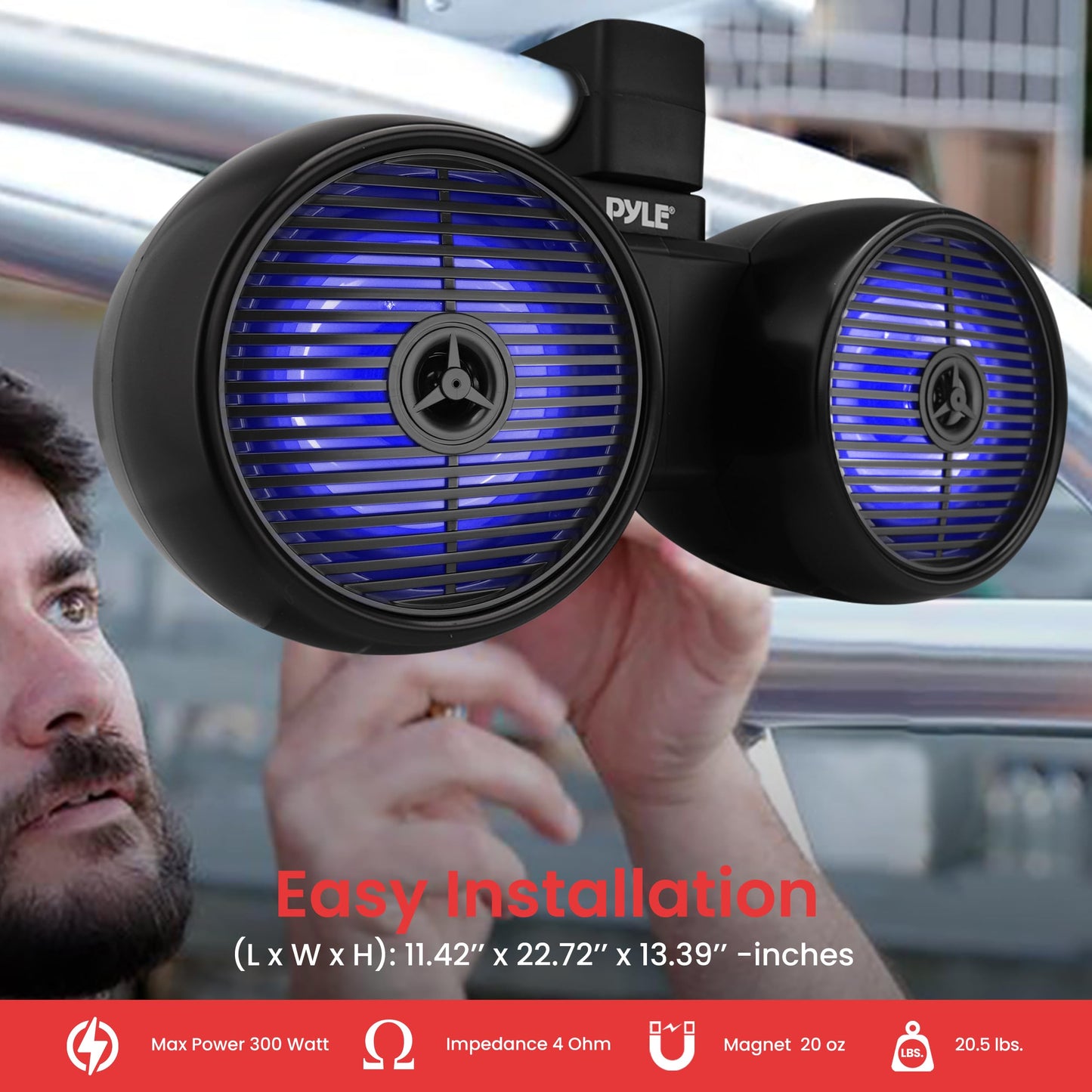 Pyle Dual Bluetooth Off-Road Speakers - 8” 300W 2-Way Marine Waterproof Wakeboard Tower Sound System w/LED Light, Full Range Outdoor Stereo Speaker for Car ATV Jeep Boat, Includes Brackets (Black)