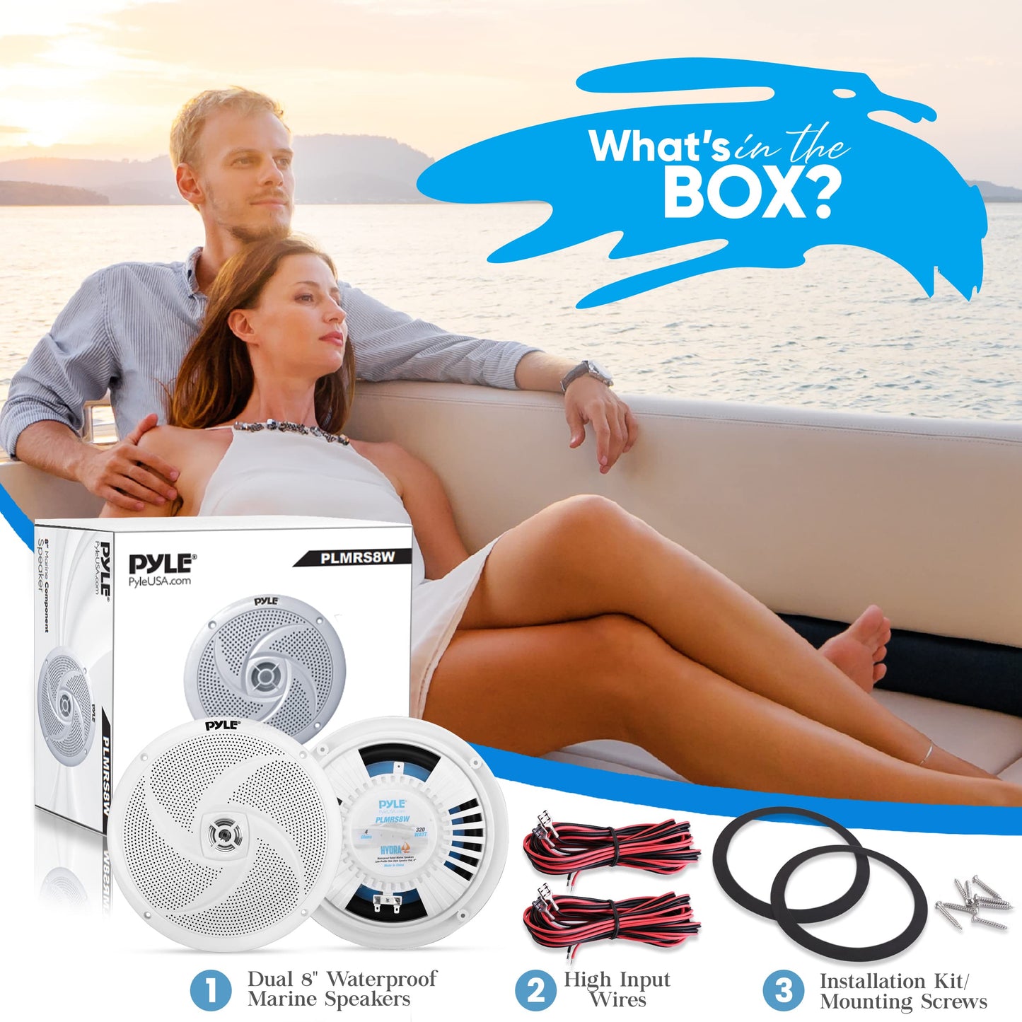 PyleUsa 8” Marine Vehicle Speakers Dual 2-Way 320W 4 Ohm Low Profile Waterproof Car Component Speaker System, 8 Oz Magnet, Voice Coil, for Custom Audio Boat, Truck, Watercraft, Mobile,Off-Road (White)
