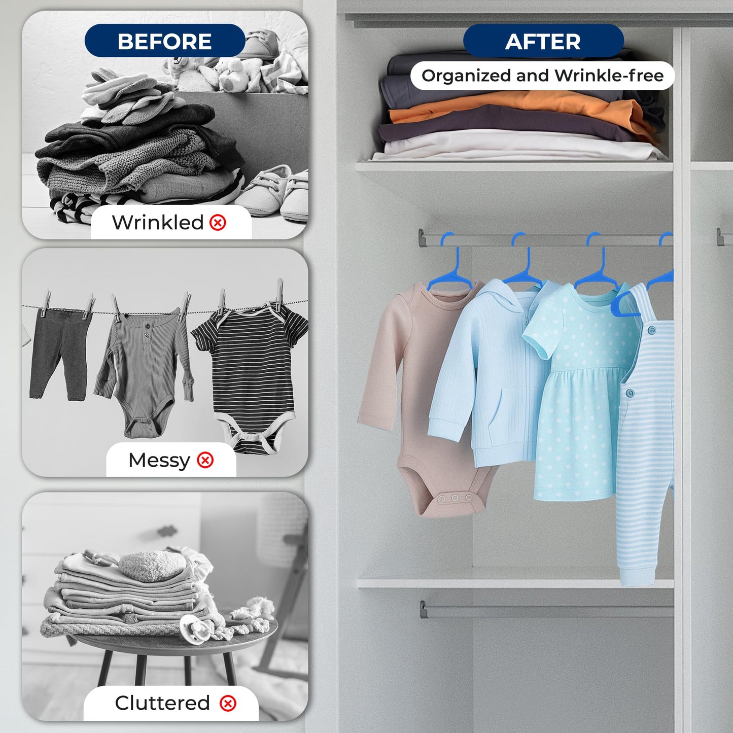 SereneLife 60 Pack Plastic Kids Hangers – Non-Slip Baby Hangers for Closet, Space-Saving Thin Design for Organizing Clothes, Infant, Toddler, and Newborn Clothing (Blue)