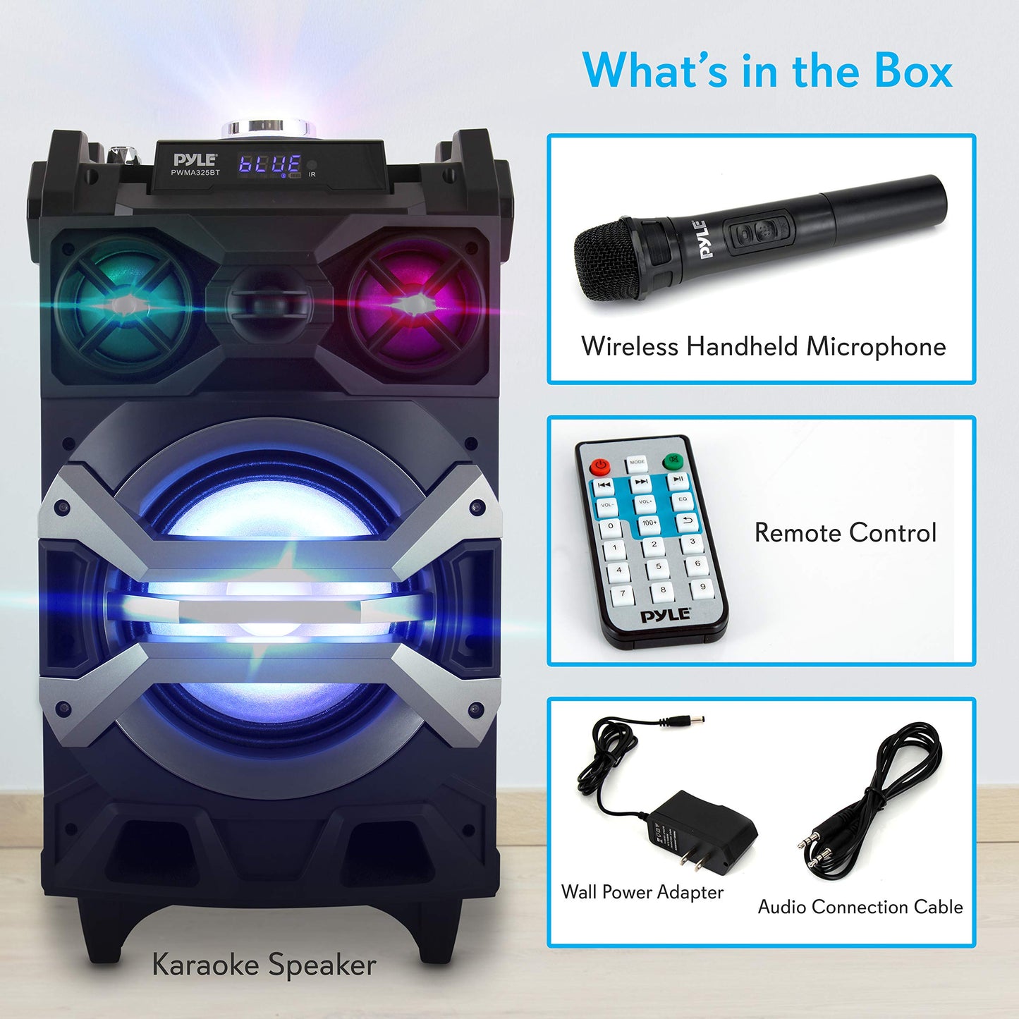 Pyle 500 Watt Portable BT Connectivity Karaoke Speaker System - PA Stereo with 8" Subwoofer, DJ Lights Rechargeable Battery Microphone, Recording Ability, MP3/USB/SD/FM Radio - PWMA325BT