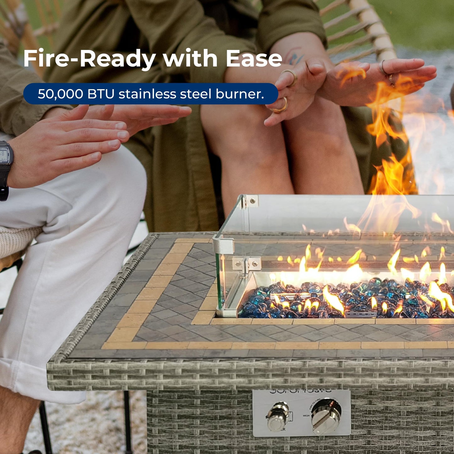 SereneLife Outdoor Propane Fire Pit Table- 50,000 BTU Auto-Ignition Gas Fire Pit w/Glass Wind Guard, Mosaic Tiles Tabletop & Clear Glass Rock for Outdoor Cooking & Grilling
