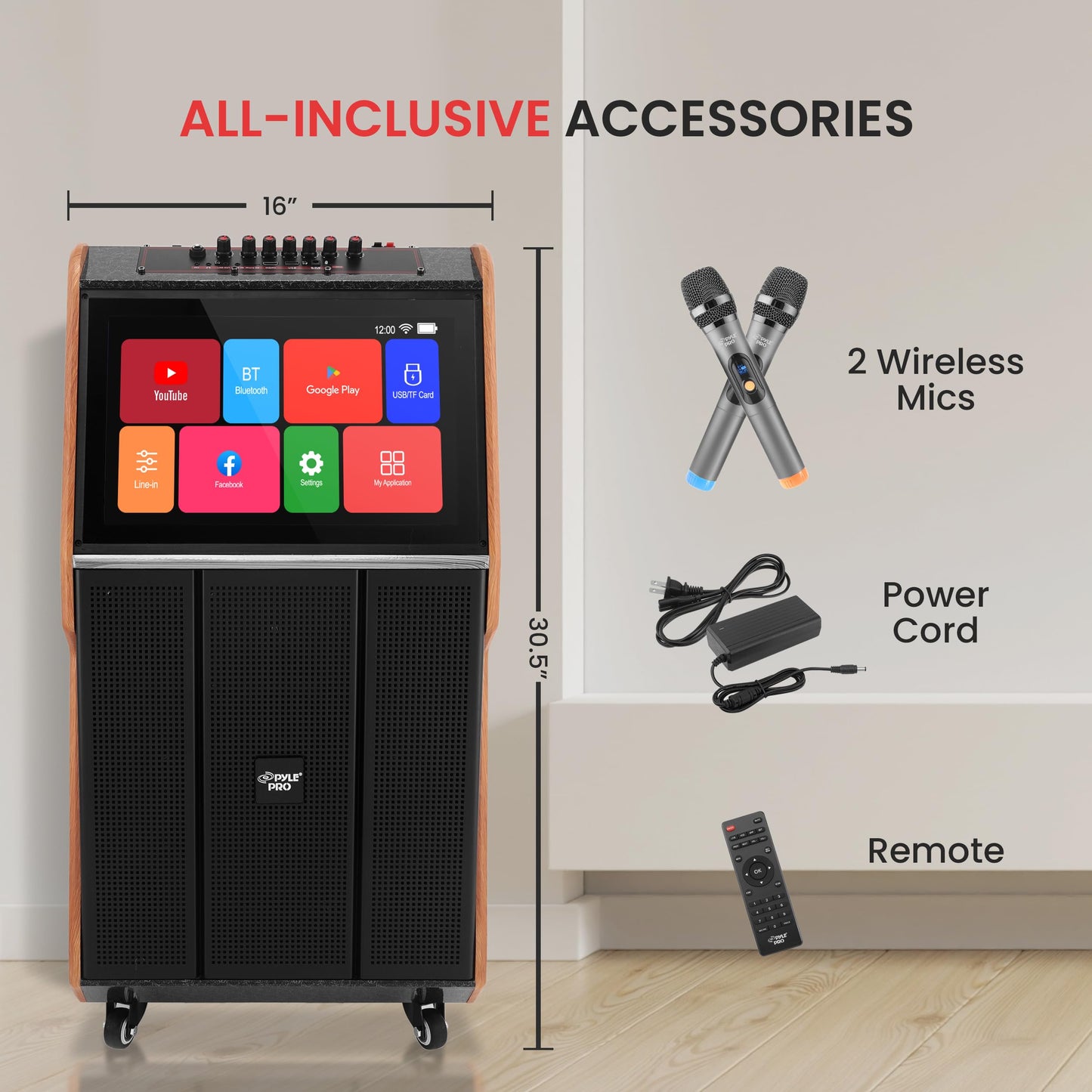 Pyle Portable Wireless BT Streaming Loudspeaker Karaoke Machine with Touch Screen and Wireless Microphone, Wheels and Handle Bar, Supports USB/SD/MMC/PC/TV / MP3 / Mobile Phone, etc.