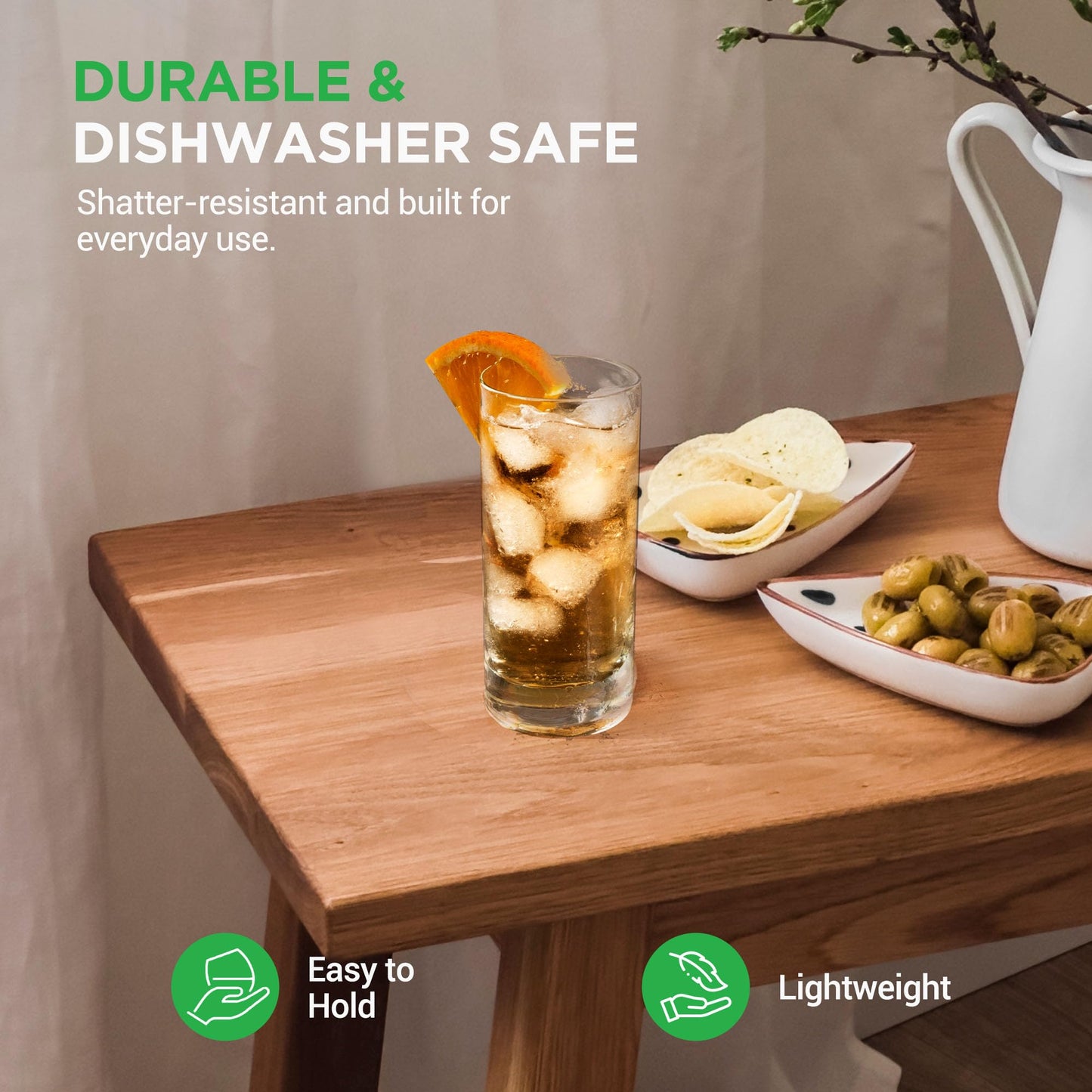 Nutrichef 4 Piece Highball Thick Base Drinking Glasses-14.2Oz, Crystal Clear Tall Glasses for Water, Juice, Liquor, & Cocktail, Long Kitchen Glass for Bar, Restaurant, & Home