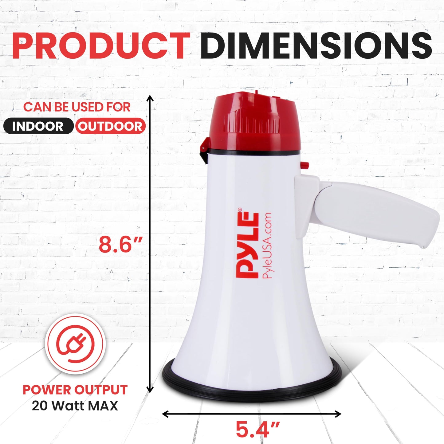 Pyle 20W Megaphone Bullhorn - 5.4'' x 8.6'' Portable Megaphone, Projection Range Up to 800 Sq. Yards, Voice Talking & Siren Alert, Shoulder Strap, Battery Operated, (White)