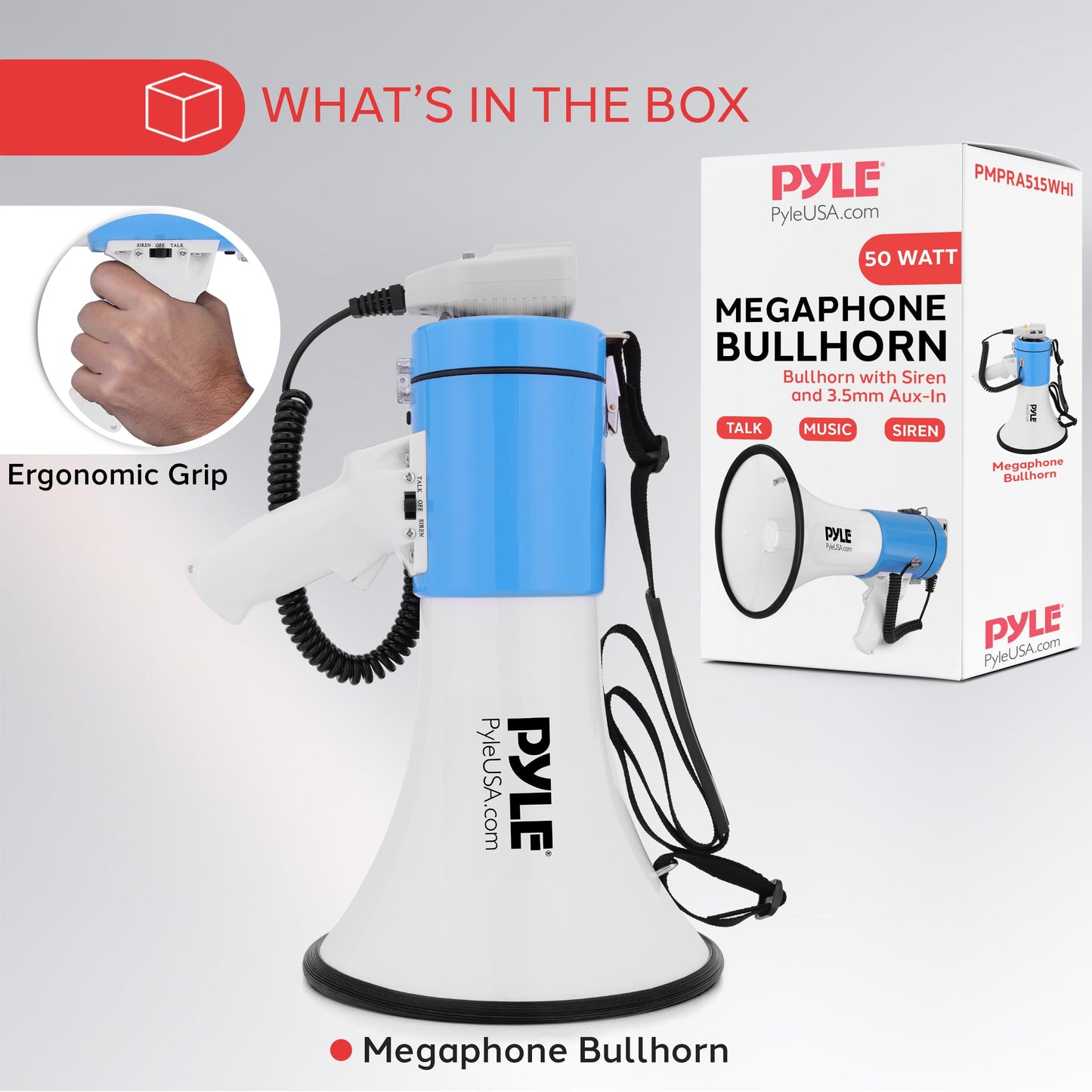 Pyle 50W Megaphone Bullhorn - Portable, Automatic Siren & Adjustable Volume,Projection Range Up to 1200 Square Yards, Aux Input, Talk, Siren, Music, Whistle, & Record, Shoulder Strap (White-Blue)