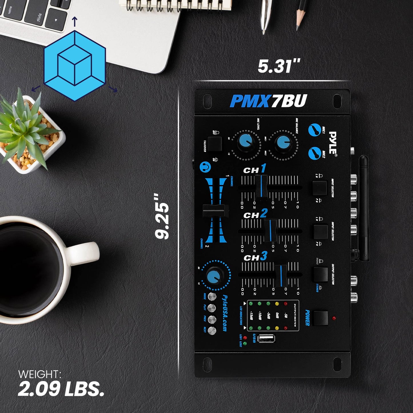 Pyle, 3 Wireless Audio Machine-3 Channel Bluetooth Compatible DJ Controller Sound Mixer System with Mic-Talkover, USB Reader, Dual RCA Phono/Line in, Microphone Input, Headphone Jack PMX7BU