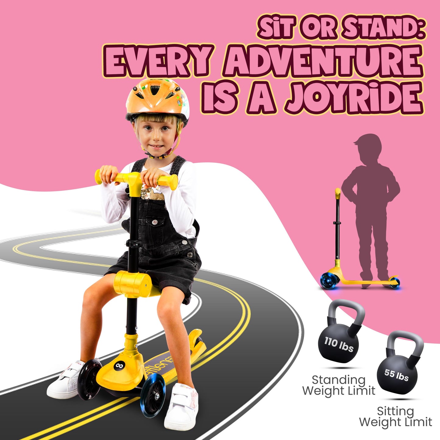 SereneLife 3 Wheel Foldable Kids Scooter - Foldable Seat, LED Wheel Lights, Adjustable Handlebar, Rear Foot Brake, Lean-to-Steer, Anti-Slip Deck, Ideal for Toddlers Kids 3+, up to 110Lbs, Yellow