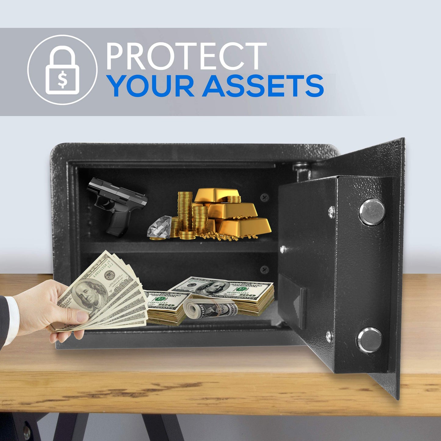 SereneLife Electronic Safe Box | Heavy Duty Money Safe | Digital Touch Pad Lockbox with Code and 2 Keys | Small Safe Box for Home or Office, Secure Cash, Jewelry, Firearms | 13.8’’ x 9.8” Black