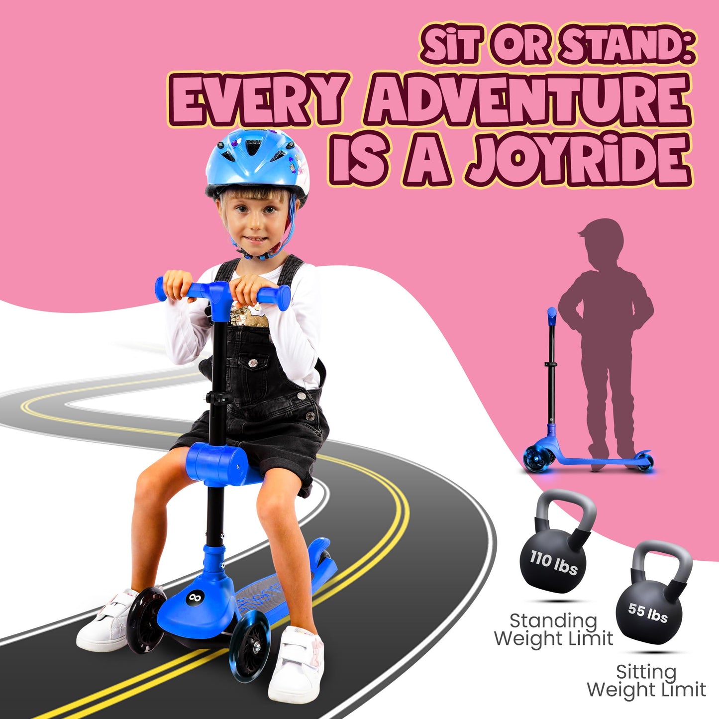 SereneLife 3 Wheel Foldable Kids Scooter - Foldable Seat, LED Wheel Lights, Adjustable Handlebar, Rear Foot Brake, Lean-to-Steer, Anti-Slip Deck, Ideal for Toddlers Kids 3+, up to 110Lbs, Blue
